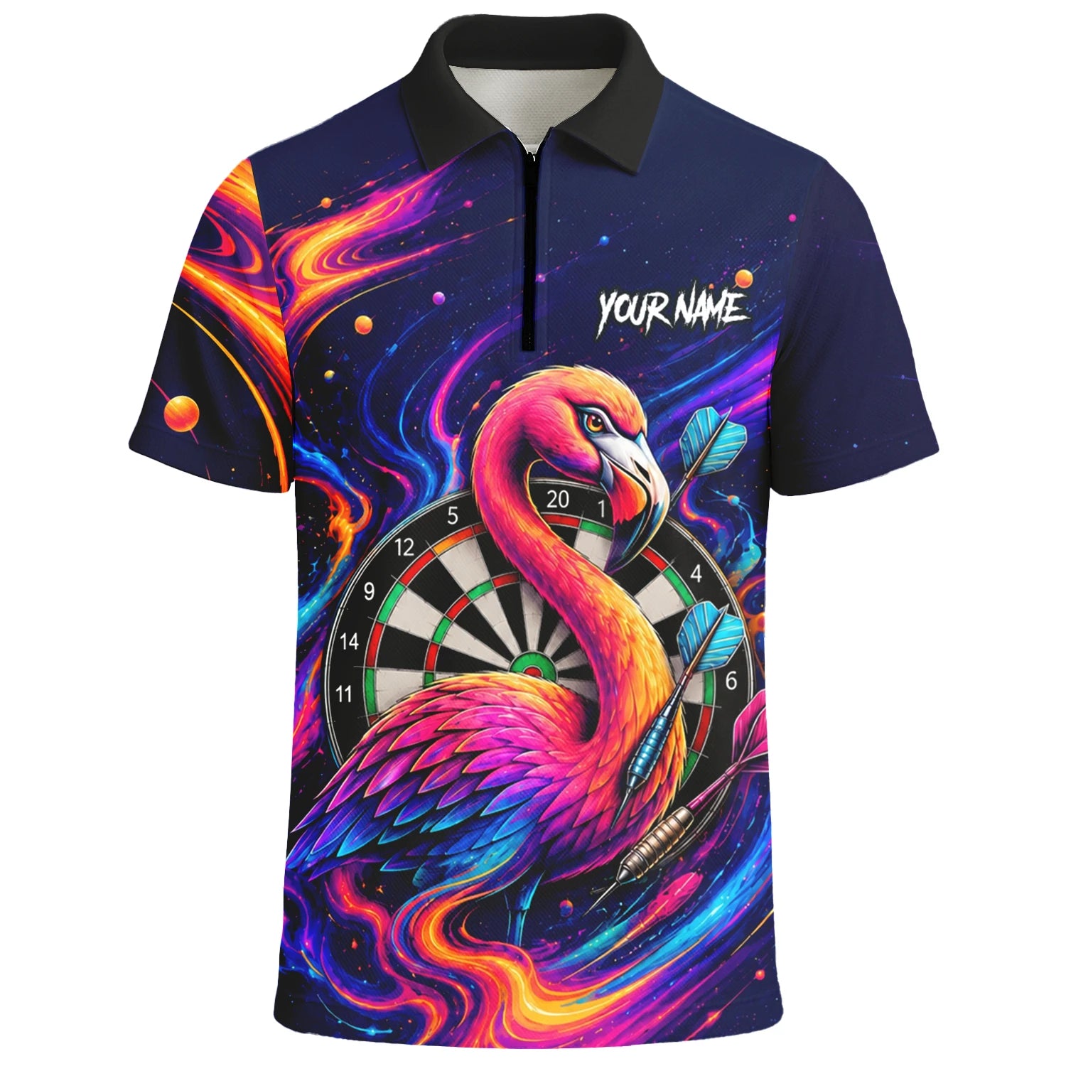 Personalisiertes Neon-Flamingo-Galaxie Dart Poloshirt für Herren D064