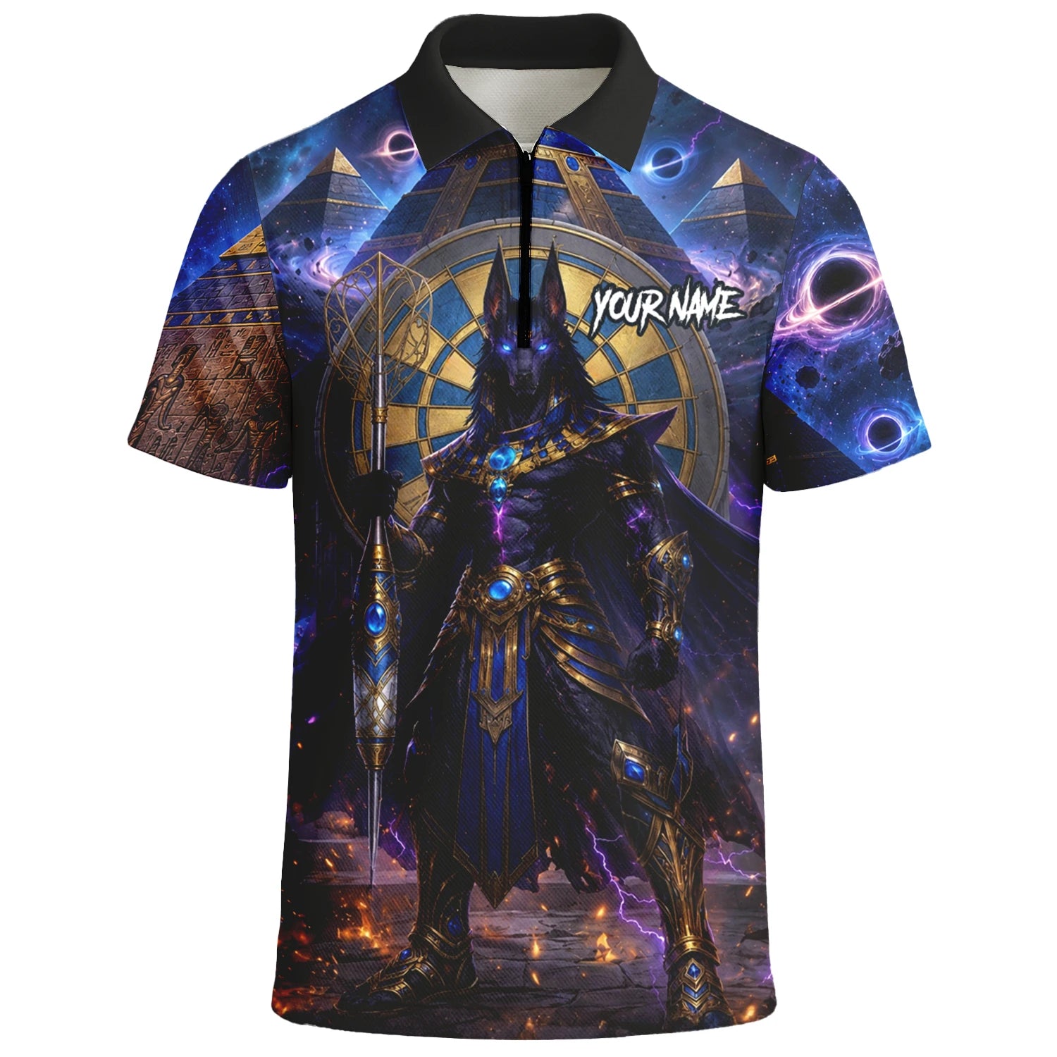 Personalisiertes Blau-gold-schwarzes Anubis-Dartshirt für Herren N118