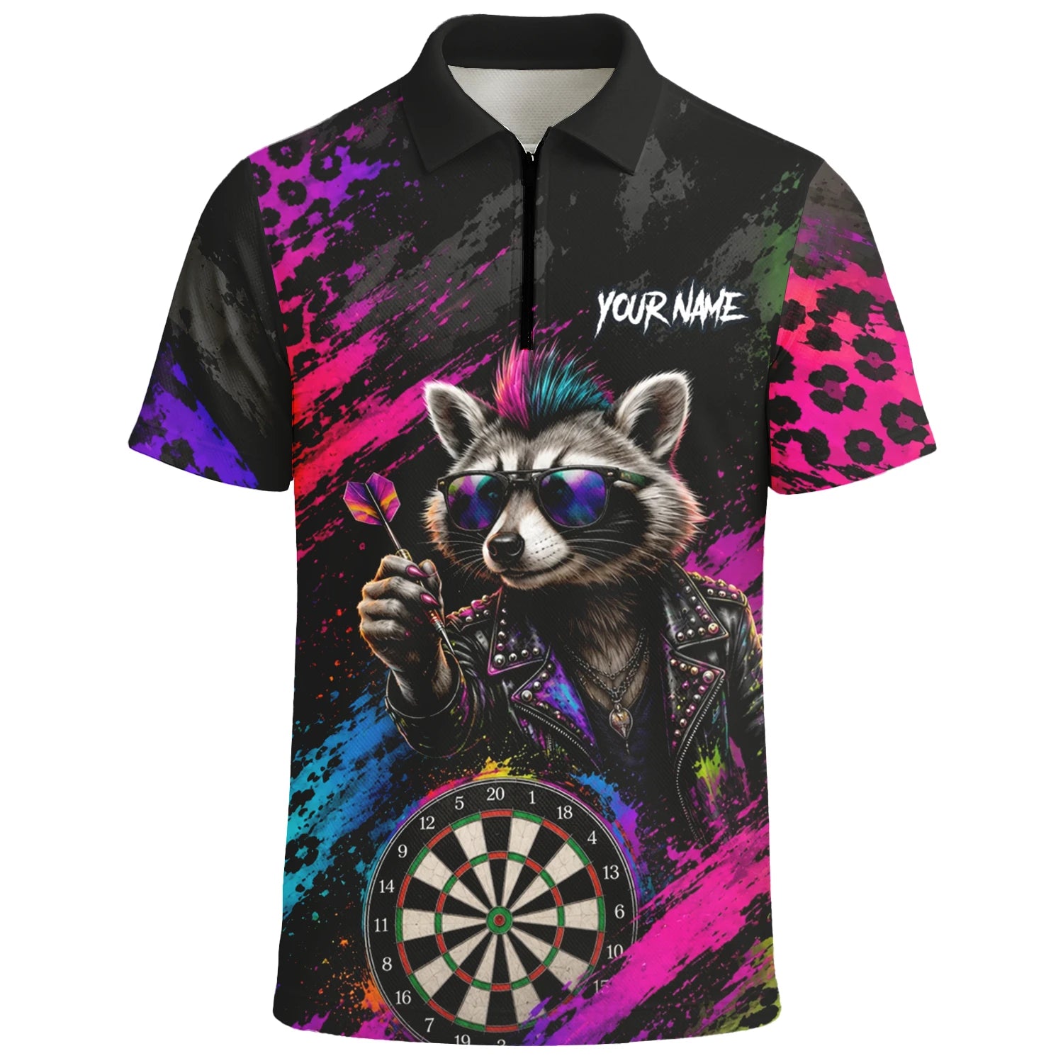 Personalisiertes Schwarz-buntes Punk-Waschbär-Dartboard Dartshirt für Herren E164