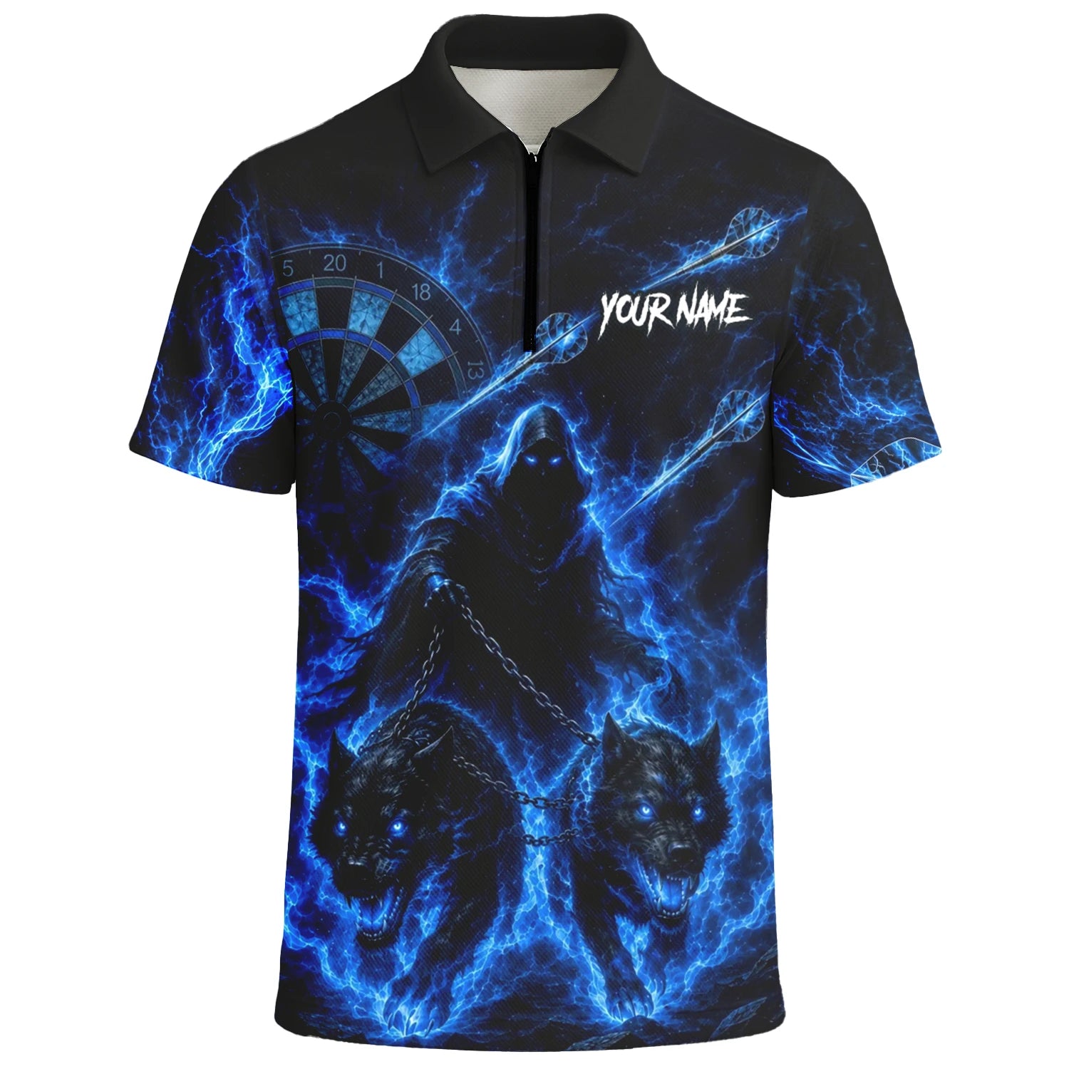 Personalisiertes Schwarz-blaues Sensenmann-und-Wölfe-Dartshirt für Herren X871