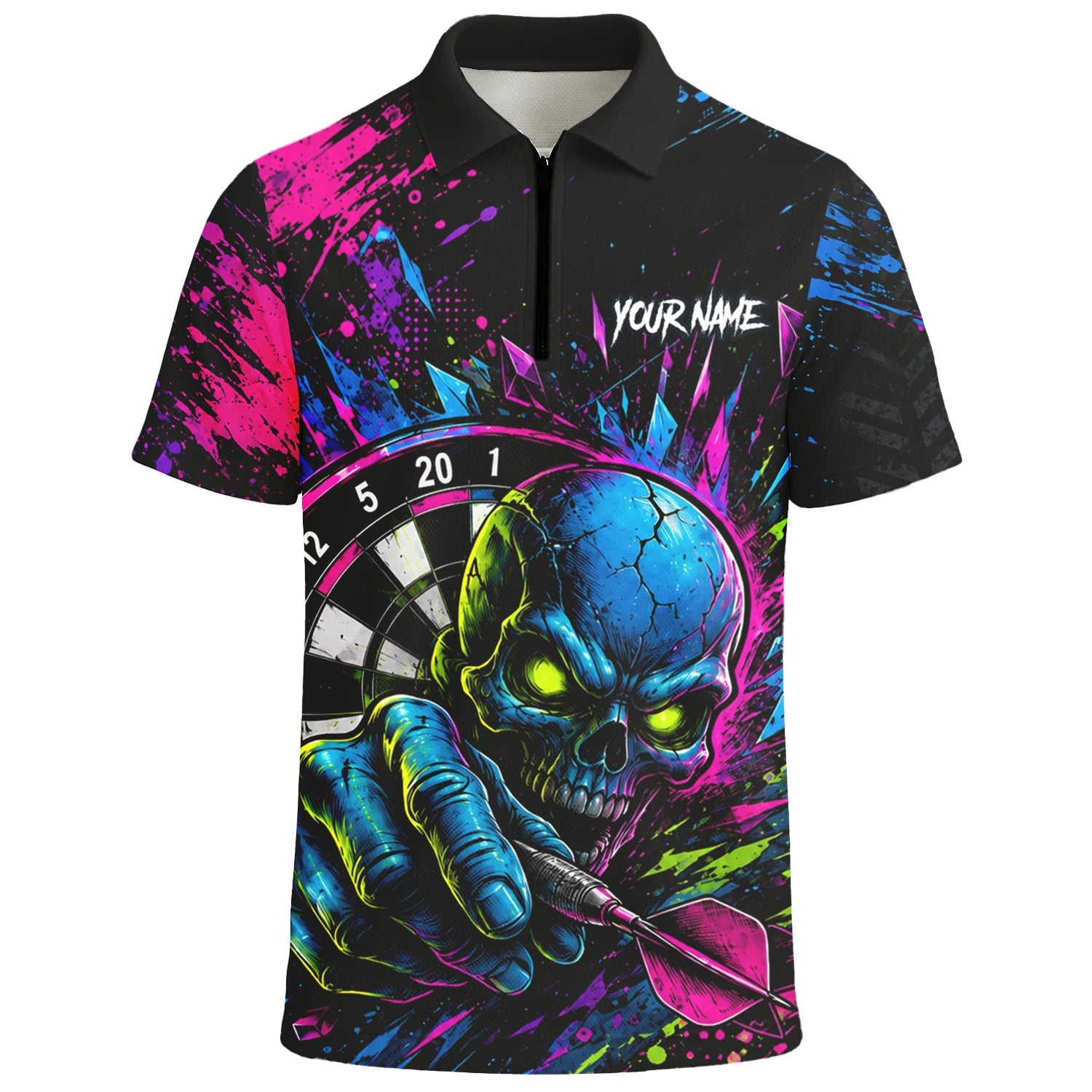 Personalisiertes Neonfarbenes Totenkopf-Dartboard Dartshirt für Herren S232