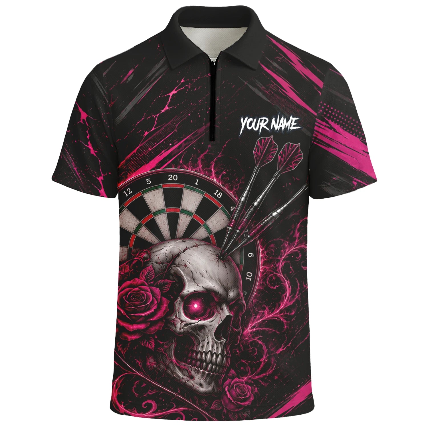 Personalisiertes Schwarz-pink Totenkopf-und-Rosen-Dartshirt für Herren V308