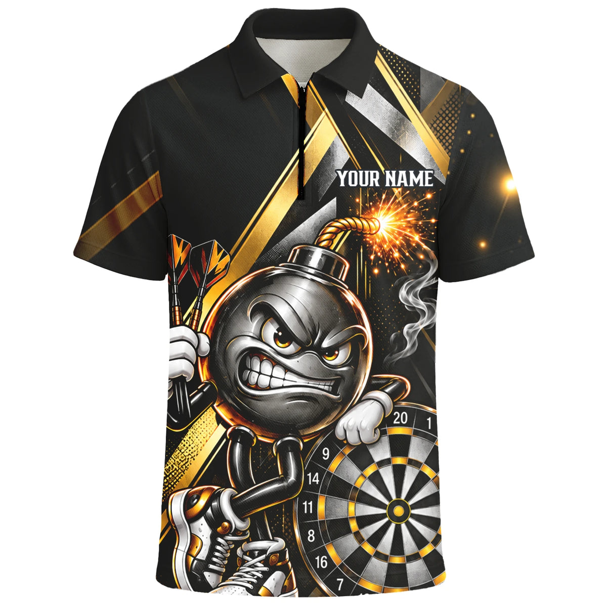 Personalisiertes Dartshirt in Schwarz und Gold mit wütender Comic-Bombe, Pokal und Dartscheibe für Herren R0150