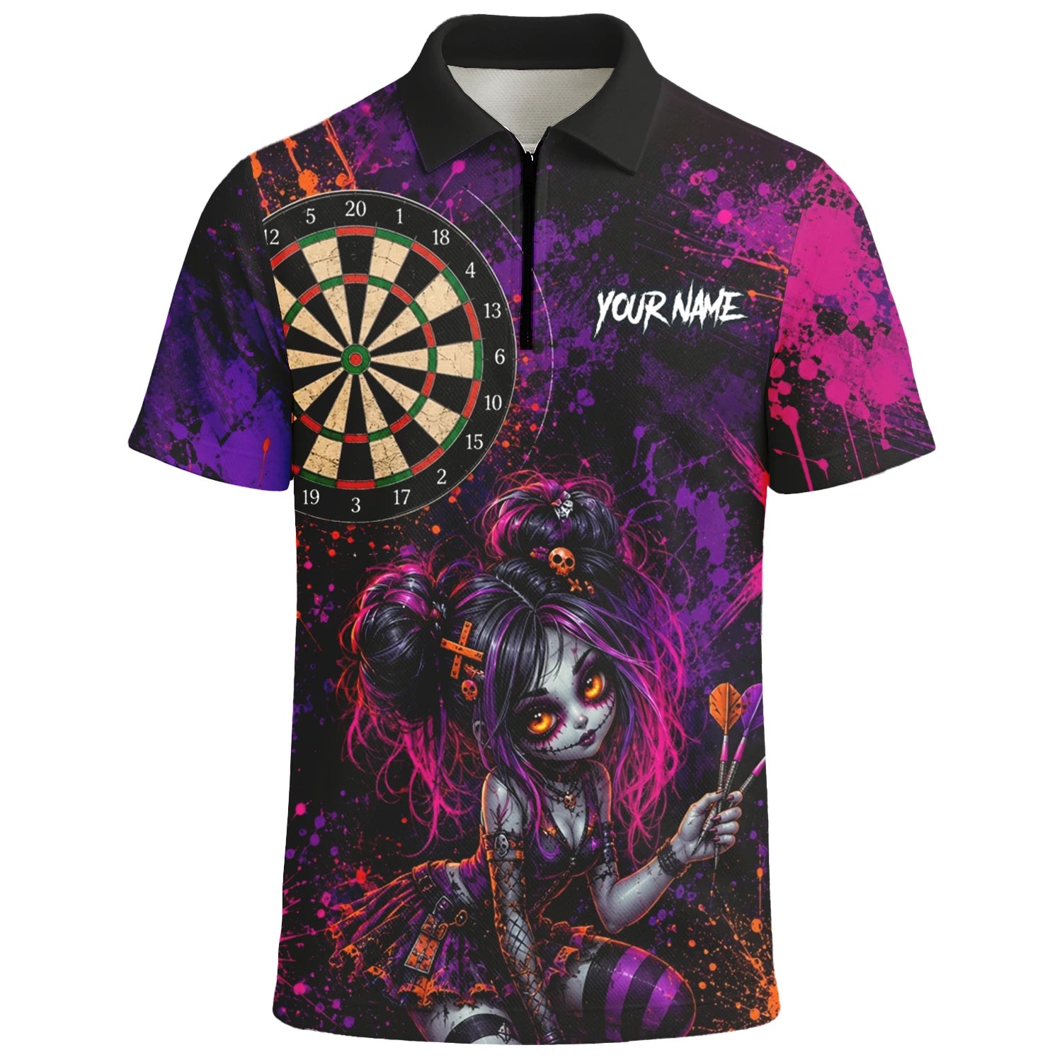 Personalisiertes Schwarz-lila-pink-oranges Gothic-Dartshirt für Herren Z641