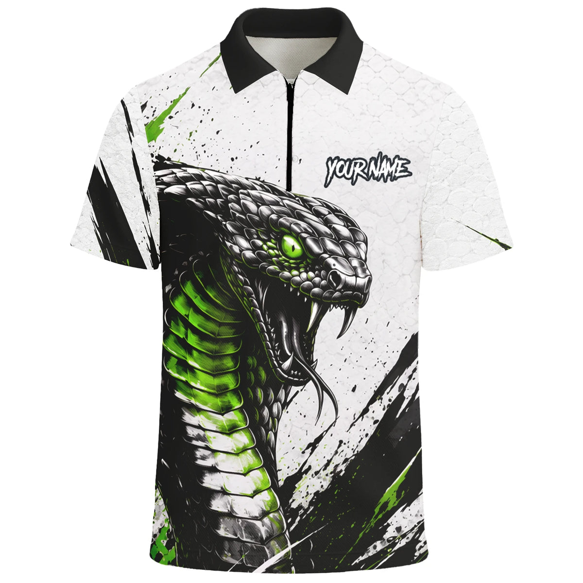 Personalisiertes Dartshirt mit weiß-schwarz-grüner Kobra für Herren A017