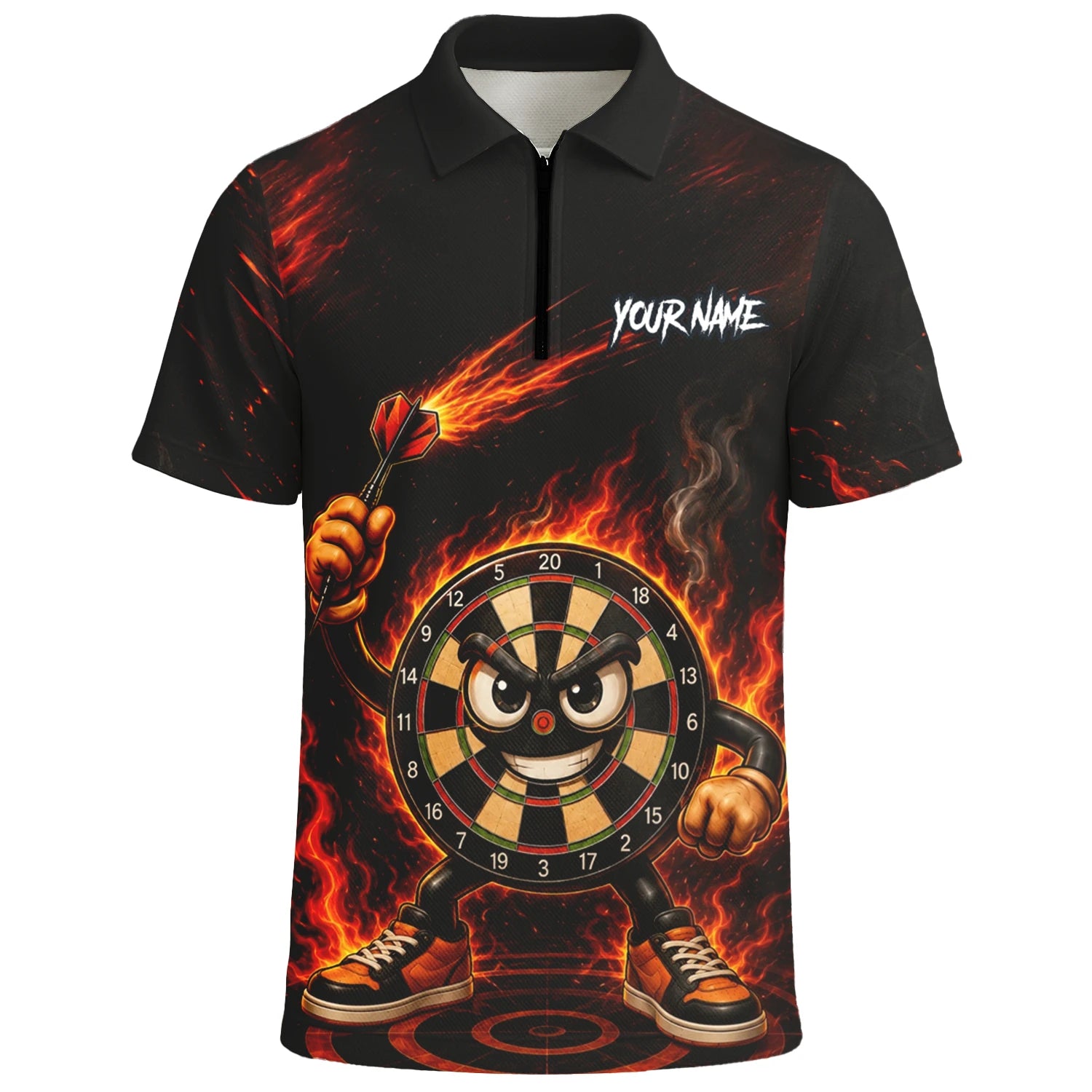 Personalisiertes Schwarz-rotes Flammen-Dartboard-Dartshirt für Herren W224