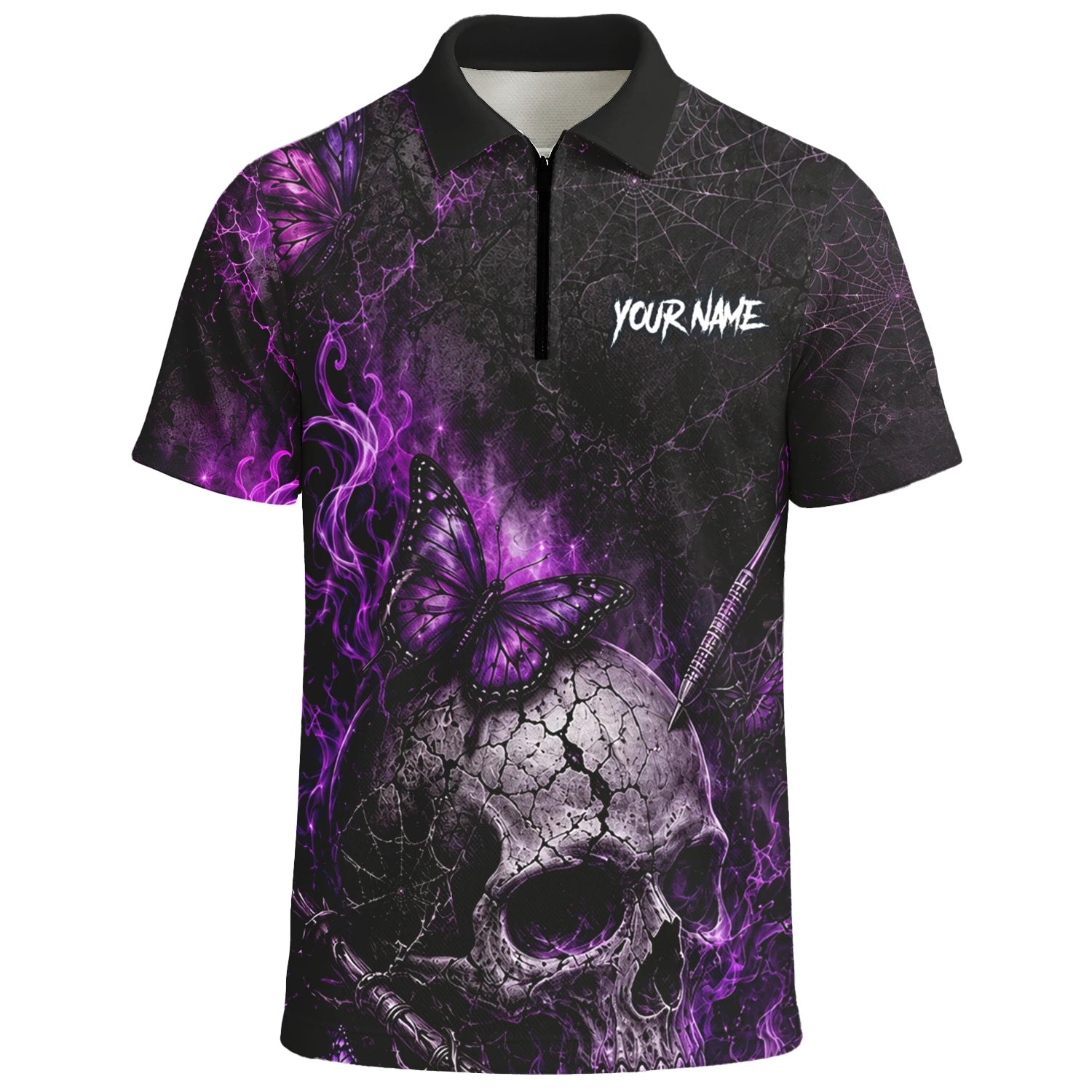 Personalisiertes Schwarz-lila Totenkopf-Schmetterling-Dartshirt für Herren Q241