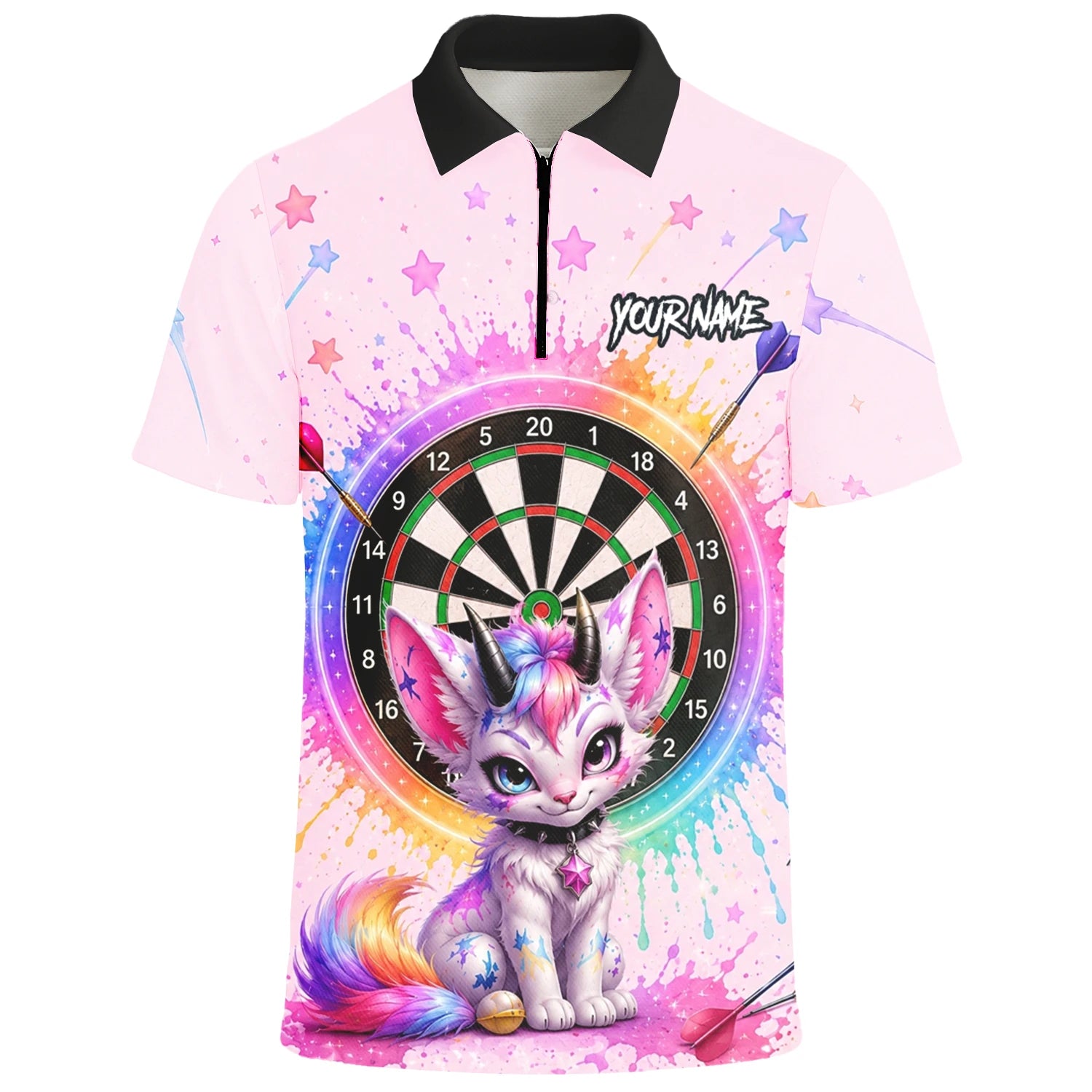Personalisiertes Rosa Regenbogen Einhorn-Katzen-Dartshirt für Herren X398