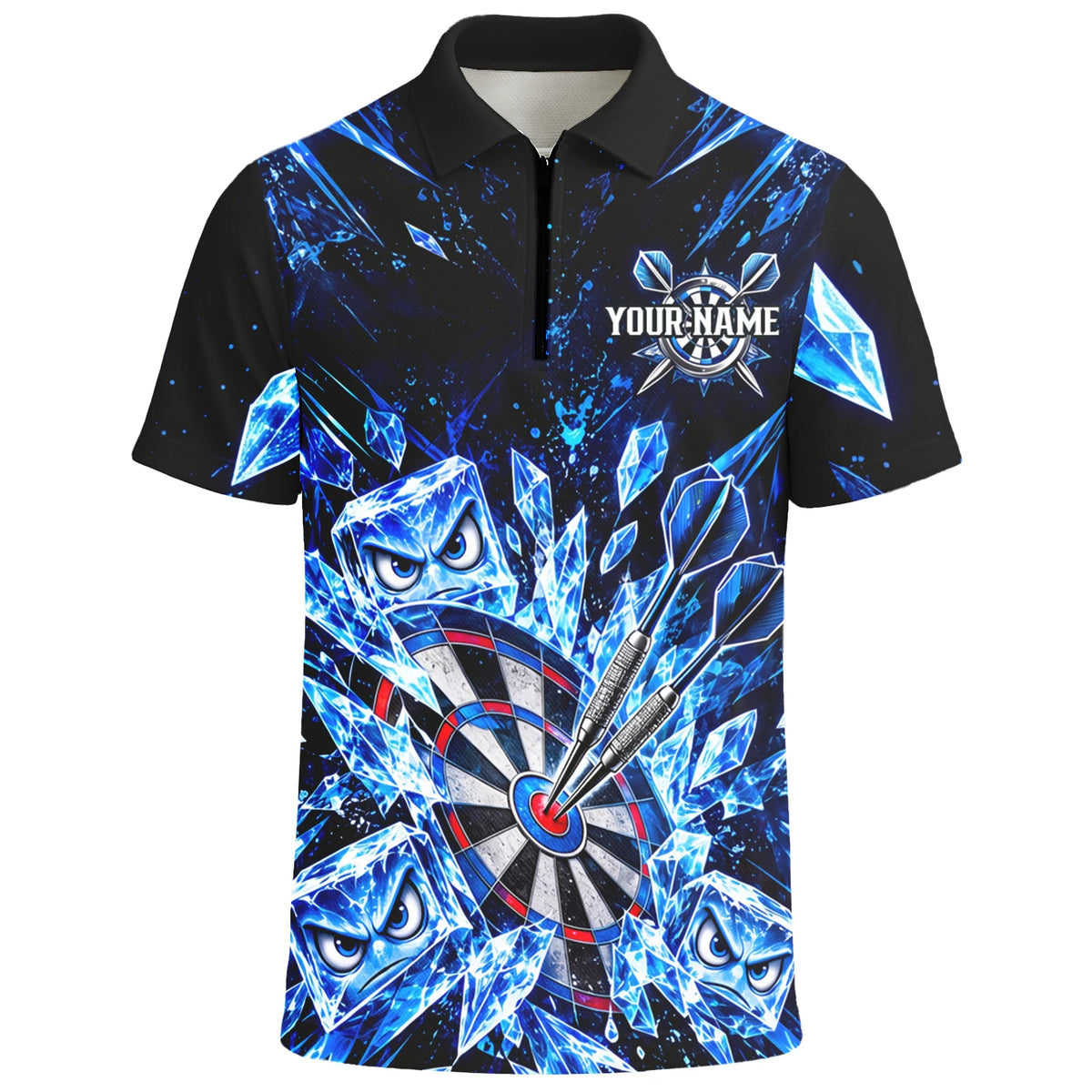 Personalisiertes Dartshirt in Schwarz und Blau mit Eiskristallen, Dartpfeilen und Dartscheibe für Herren X5114