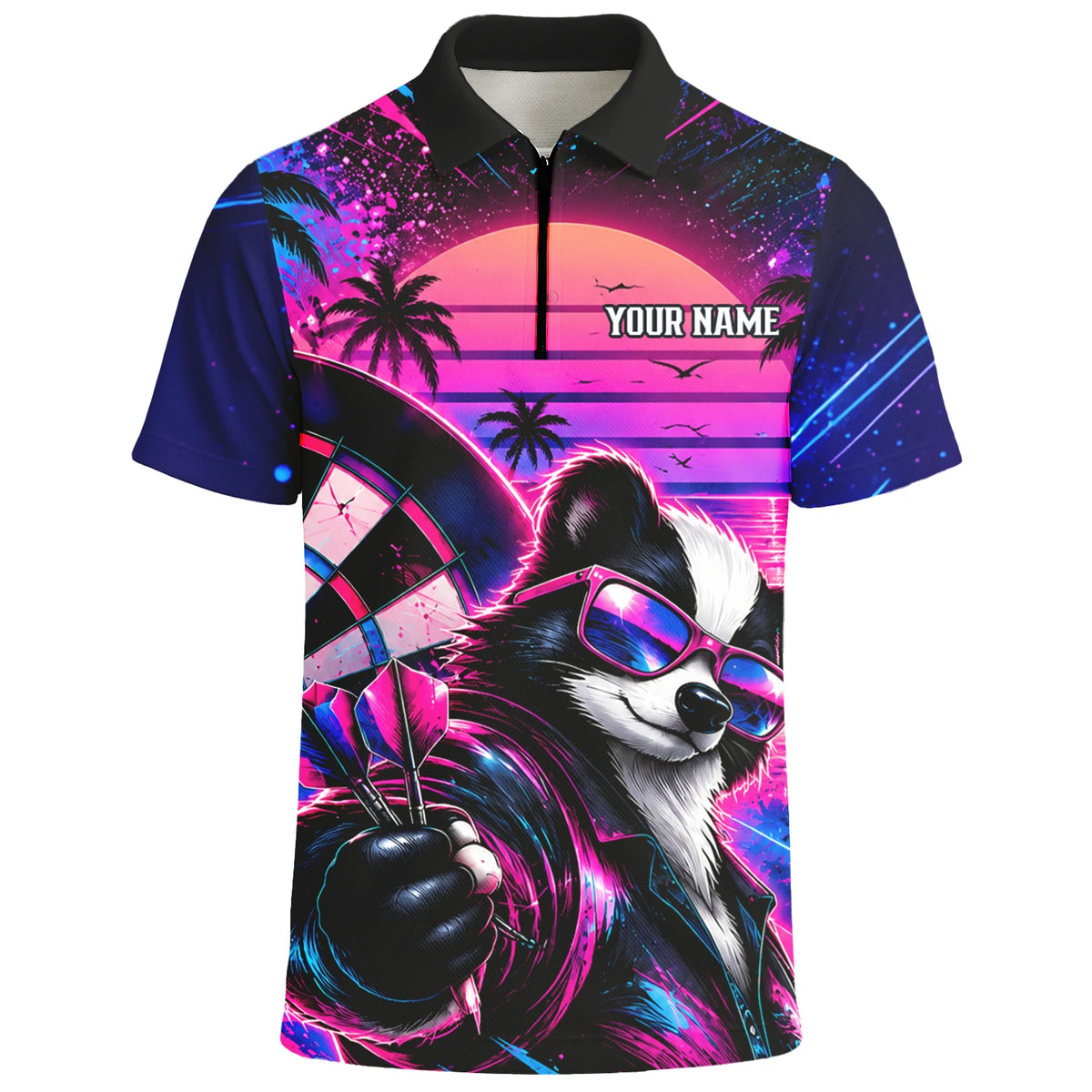 Personalisiertes Dartshirt in Pink, Lila und Blau mit Neon-Waschbären, Palmen, Sonnenuntergang und Dartscheibe für Herren N5114