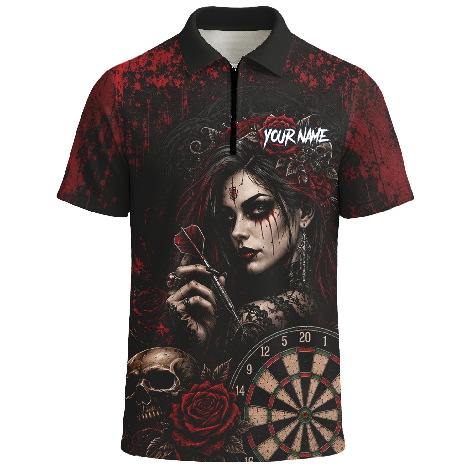 Personalisiertes Schwarz-rotes Gothic-Frauen-Totenkopf-Dartshirt für Herren W035