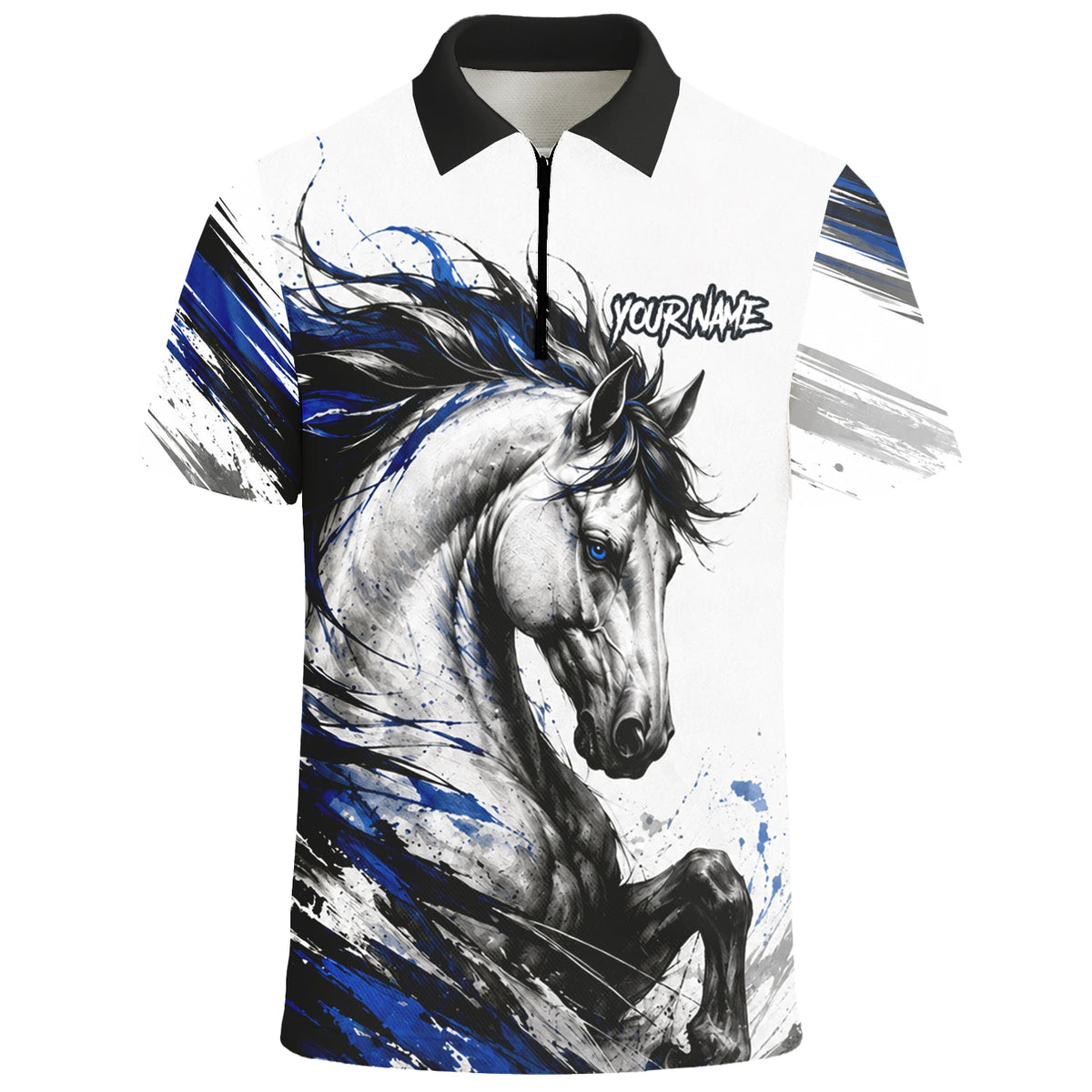 Personalisiertes Dartshirt mit weiß-schwarz-blauem steigenden Pferd für Herren O686