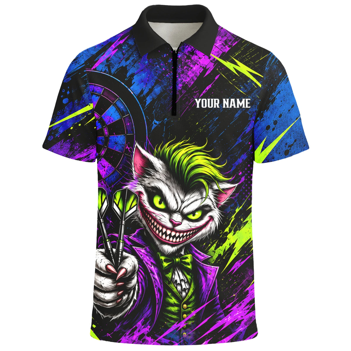 Personalisiertes Dartshirt in Schwarz, Grün und Lila mit grinsender Katze und Dartscheibe für Herren U0497