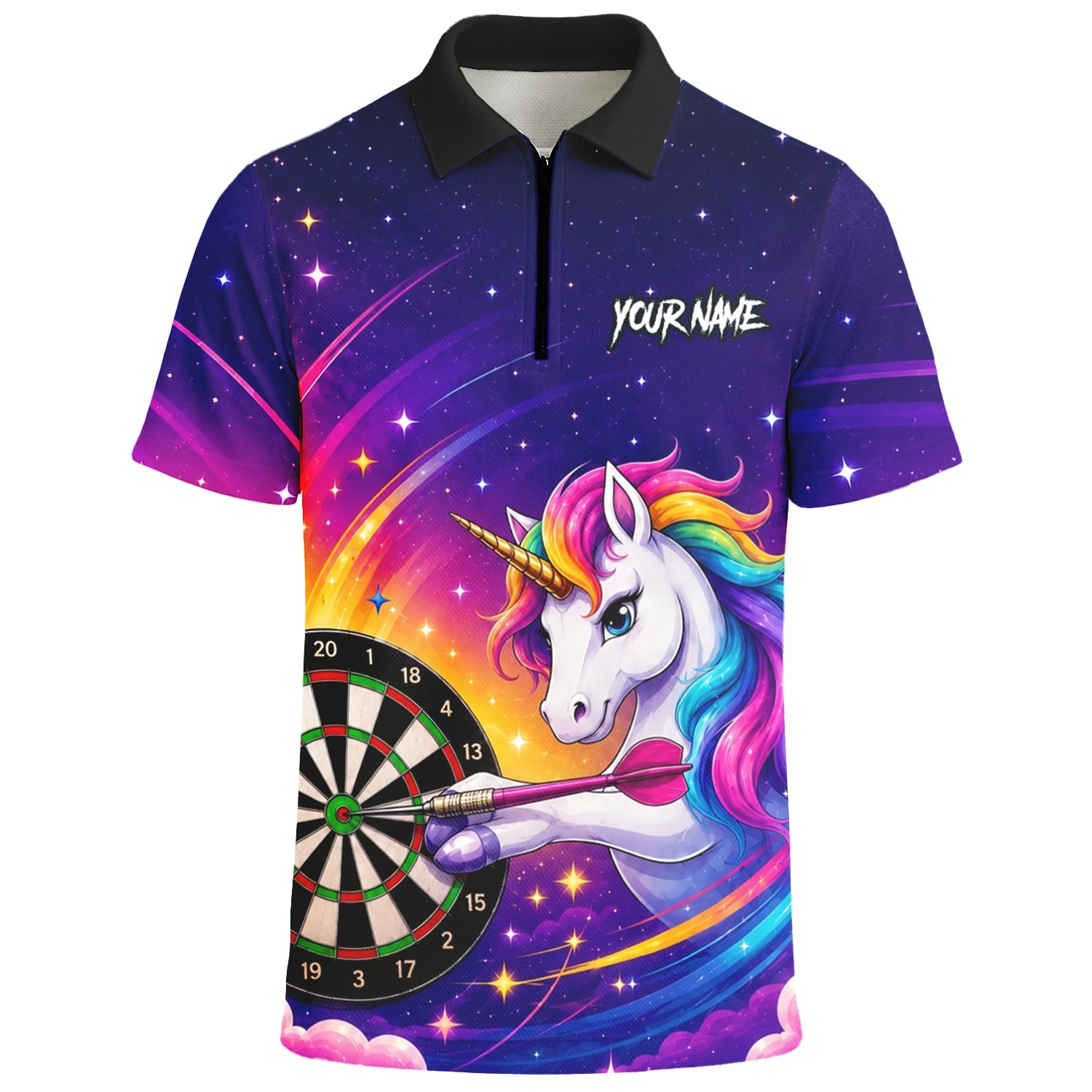 Personalisiertes Violettes Regenbogen-Einhorn-Dartshirt für Herren P431