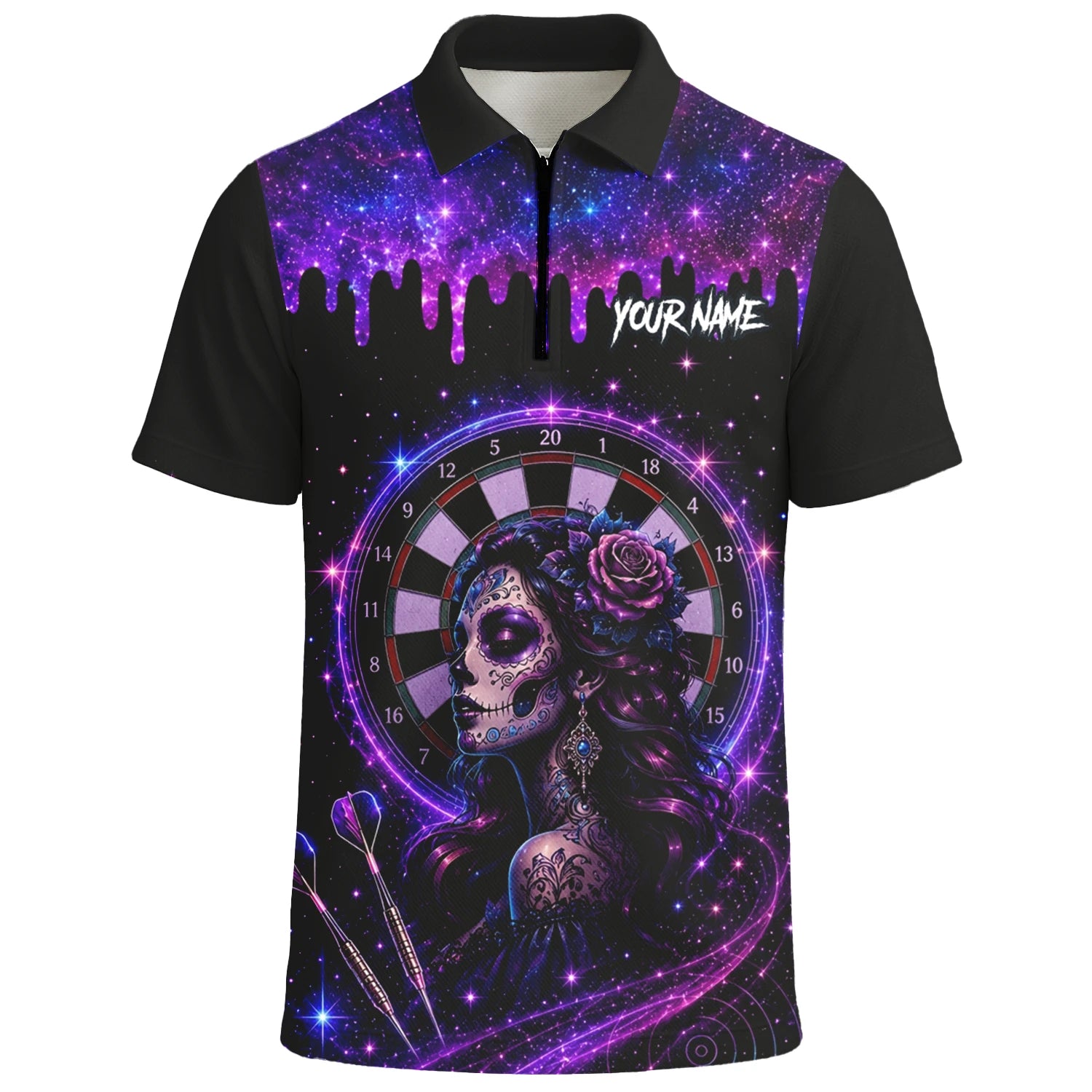 Personalisiertes Lila Galaxie Sugar-Skull-Dartshirt für Herren Z967