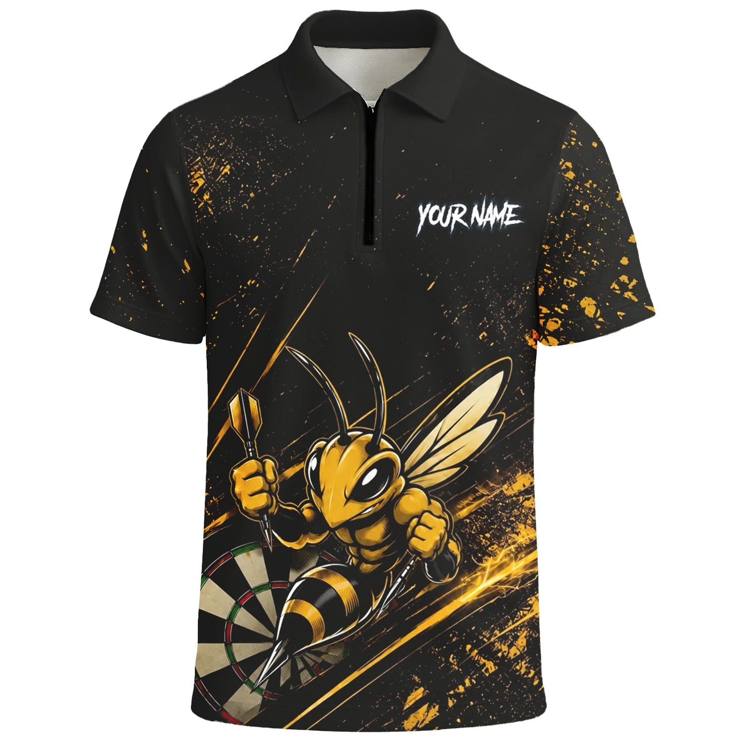 Personalisiertes Schwarz-goldenes Bienen-Dartboard Dartshirt für Herren L410