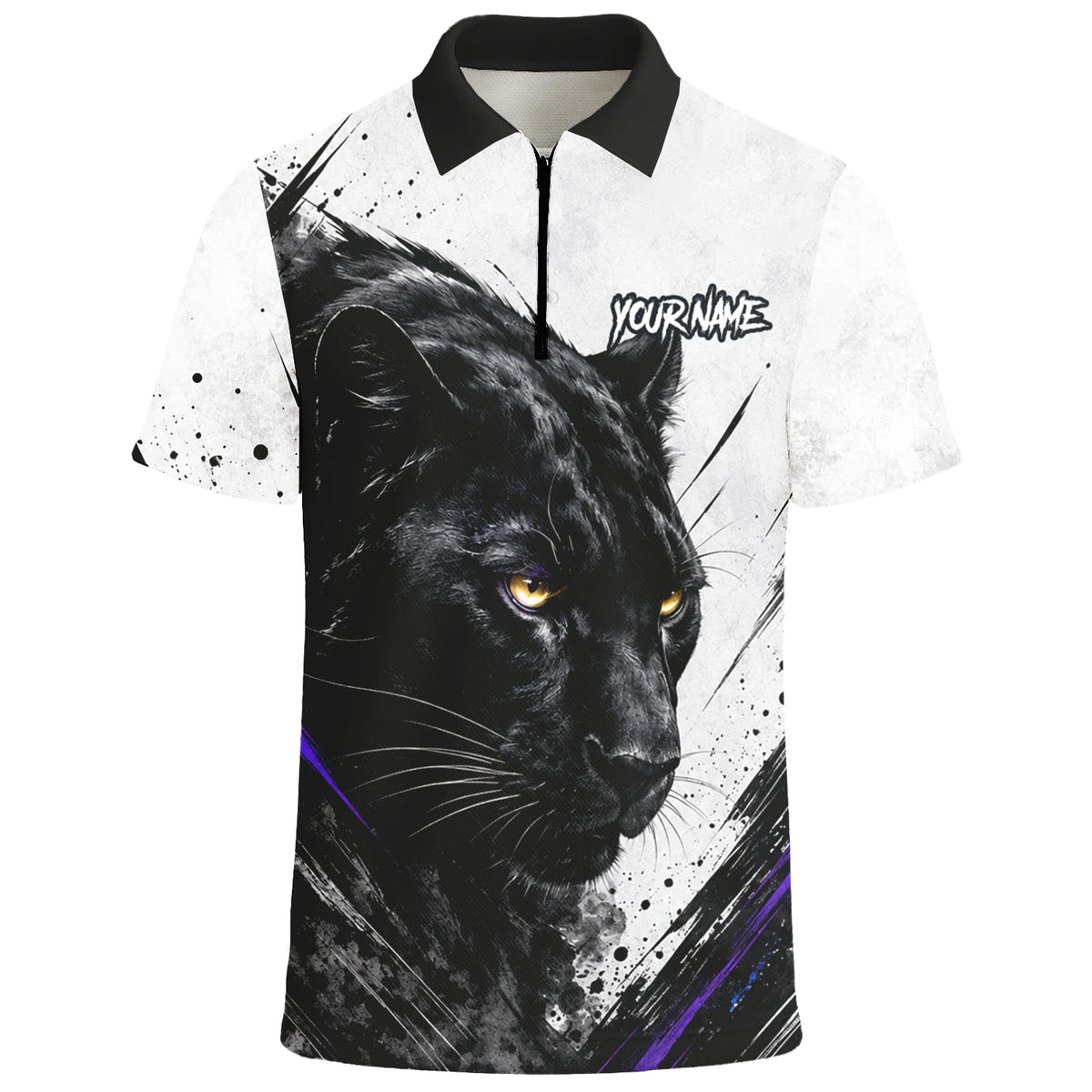 Personalisiertes Dartshirt mit weiß-schwarz-violettem Panther für Herren W442