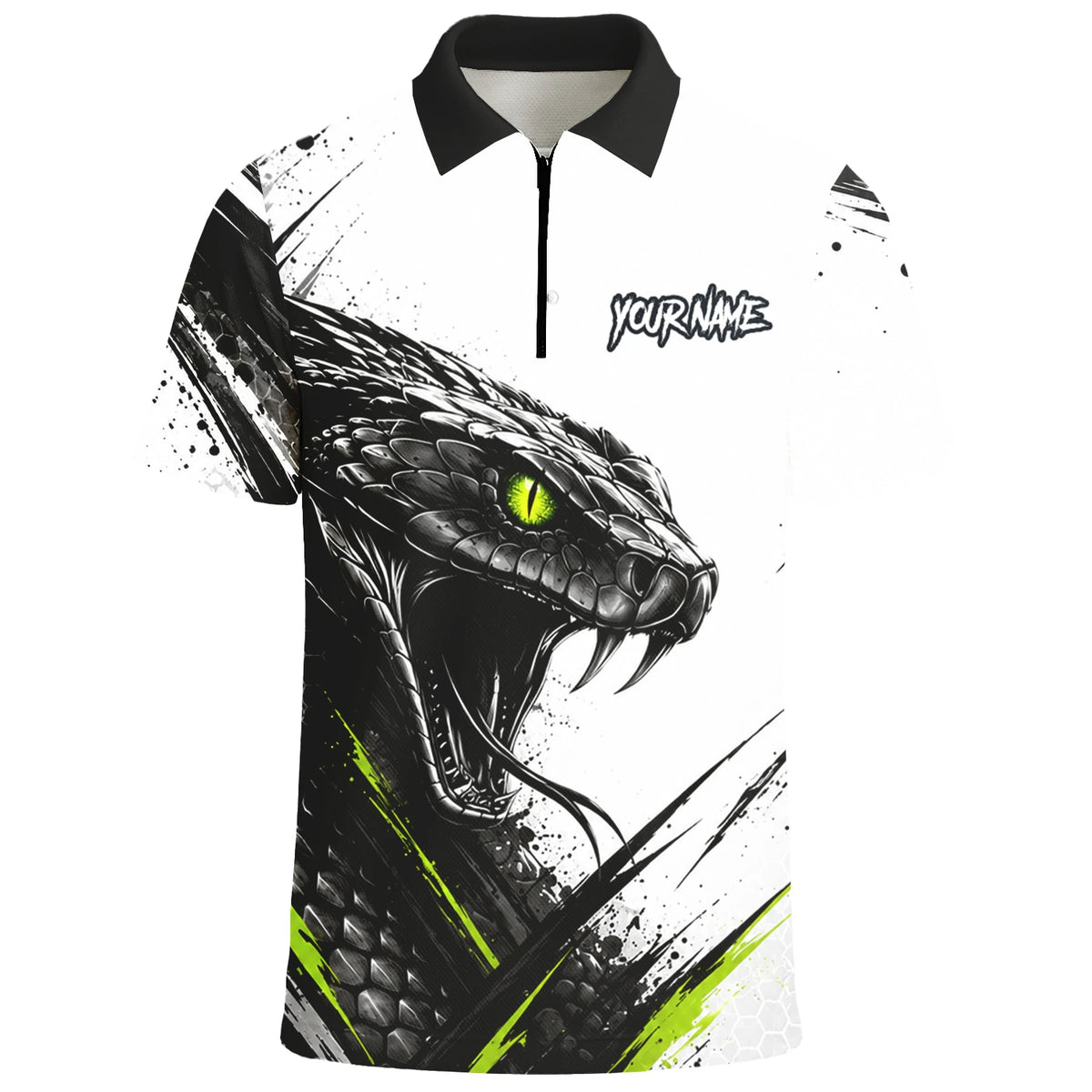 Personalisiertes Dartshirt mit weiß-schwarz-grüner Kobra für Herren I051