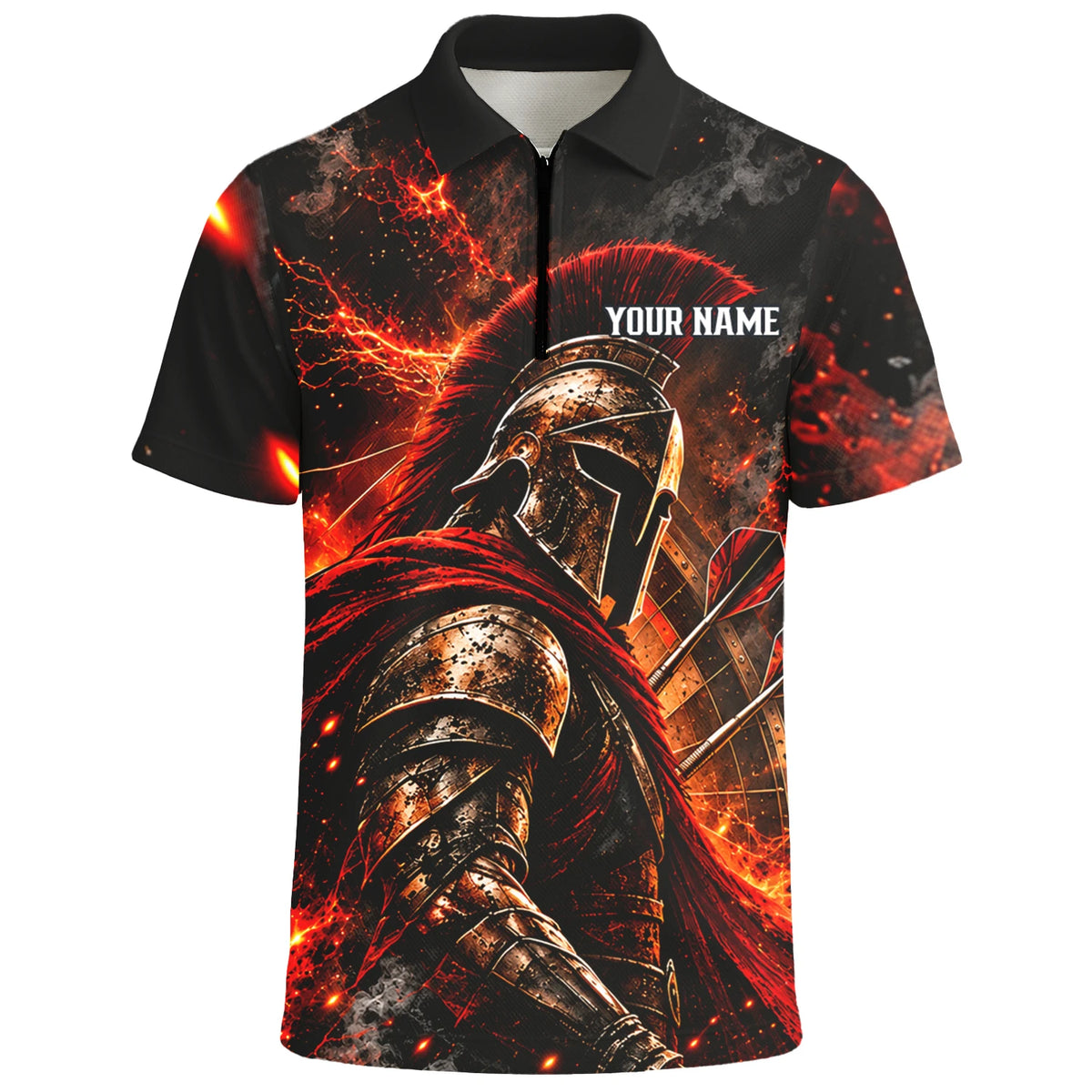Personalisiertes Dartshirt in Schwarz, Rot und Orange mit Spartanerhelm, Flammen und Dartscheibe für Herren Z3444