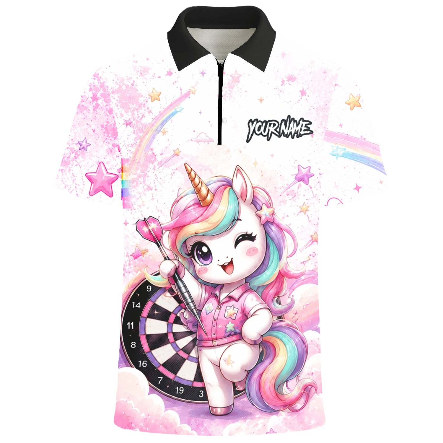 Personalisiertes Weiß-rosa Regenbogen-Einhorn-Dartshirt für Herren F188