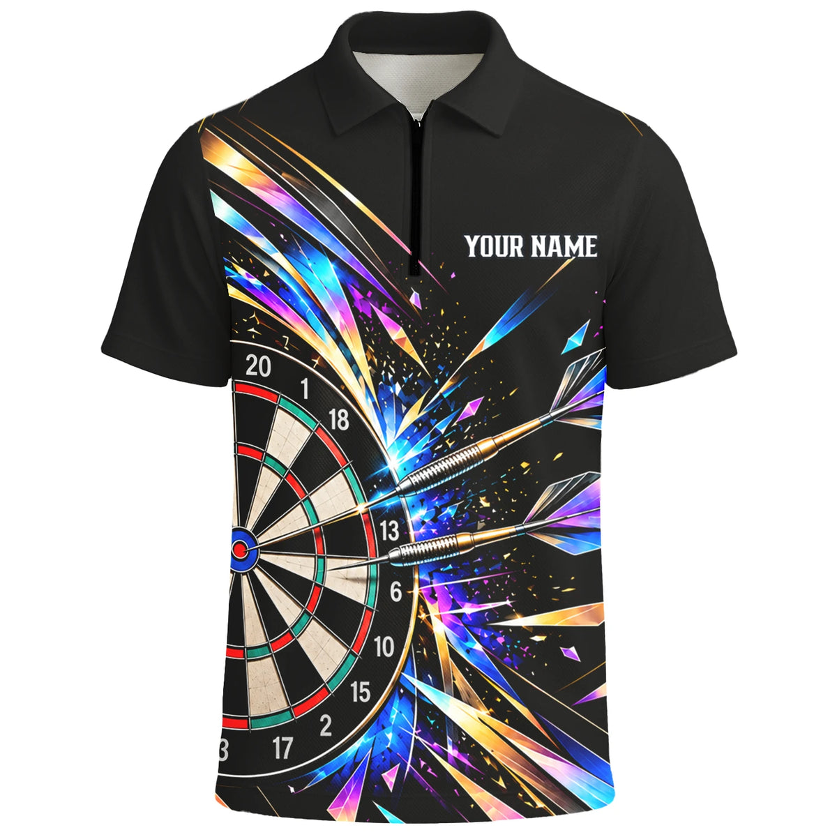 Personalisiertes Dartshirt in Schwarz mit bunten geometrischen Splittern und Dartscheibe für Herren L2897