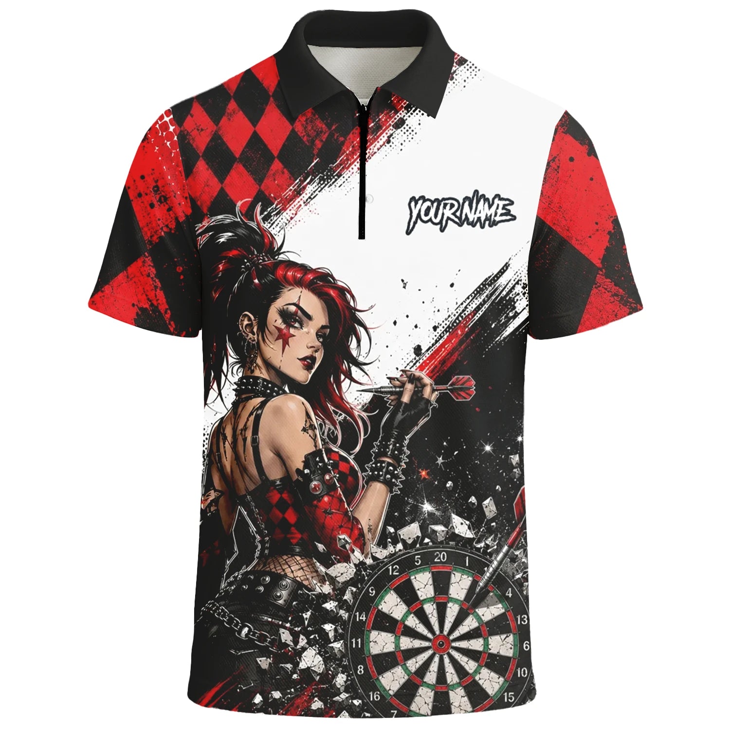 Personalisiertes Rot-schwarzes Gothic-Harlekin Dart Poloshirt für Herren K572