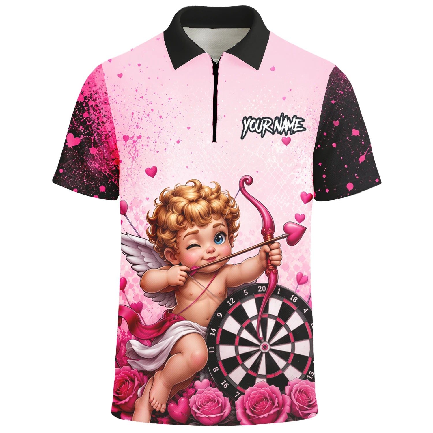Personalisiertes Pink-schwarzes Amor-Dartboard Dartshirt für Herren I643