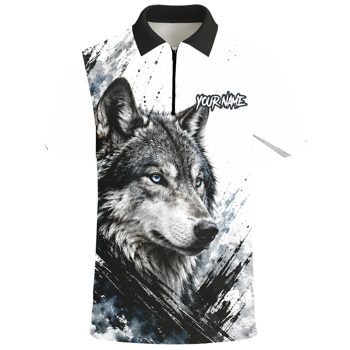 Personalisiertes Dartshirt mit weiß-schwarz-blauem Wolf für Herren P634