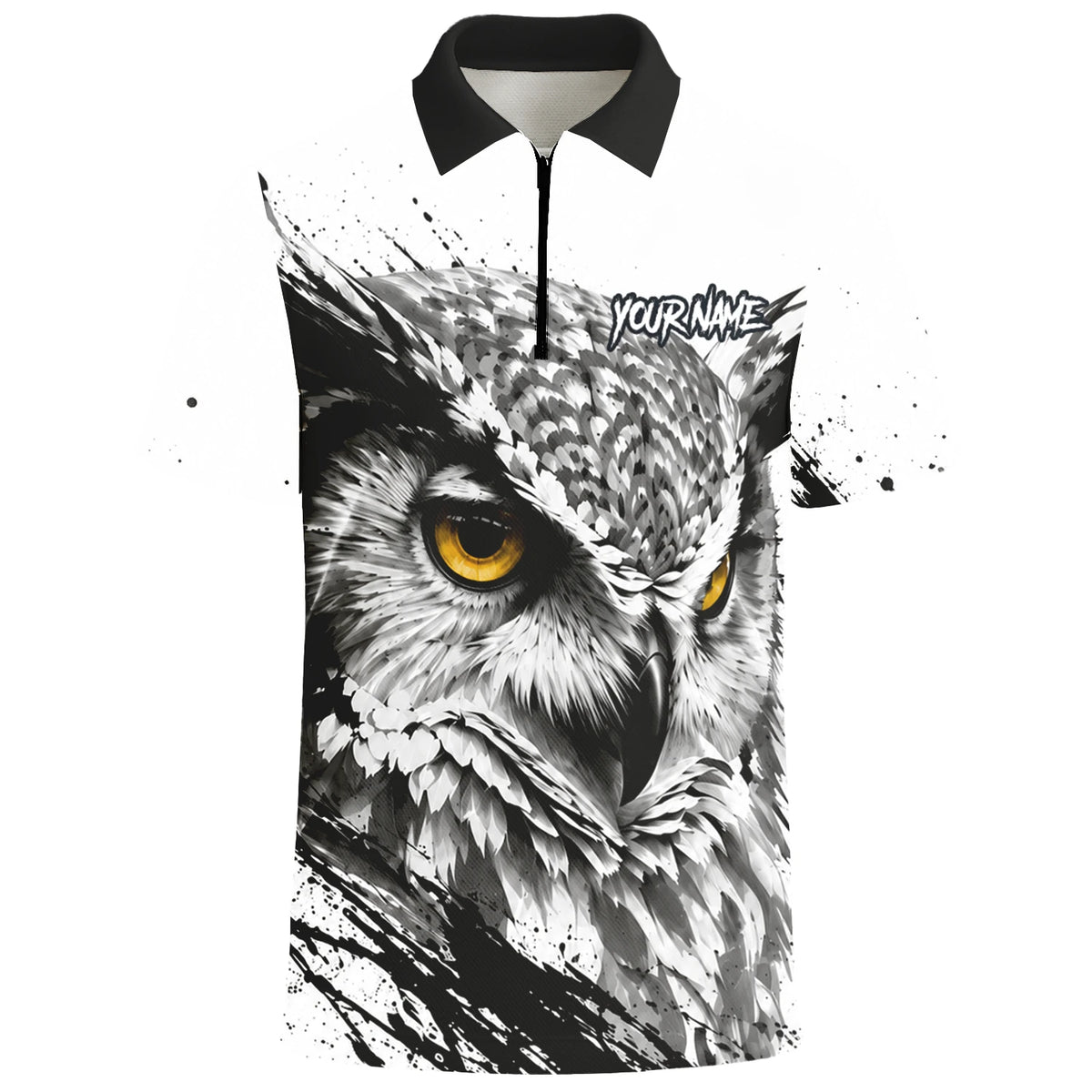 Personalisiertes Dartshirt mit weiß-schwarz-gelber Eule für Herren P128