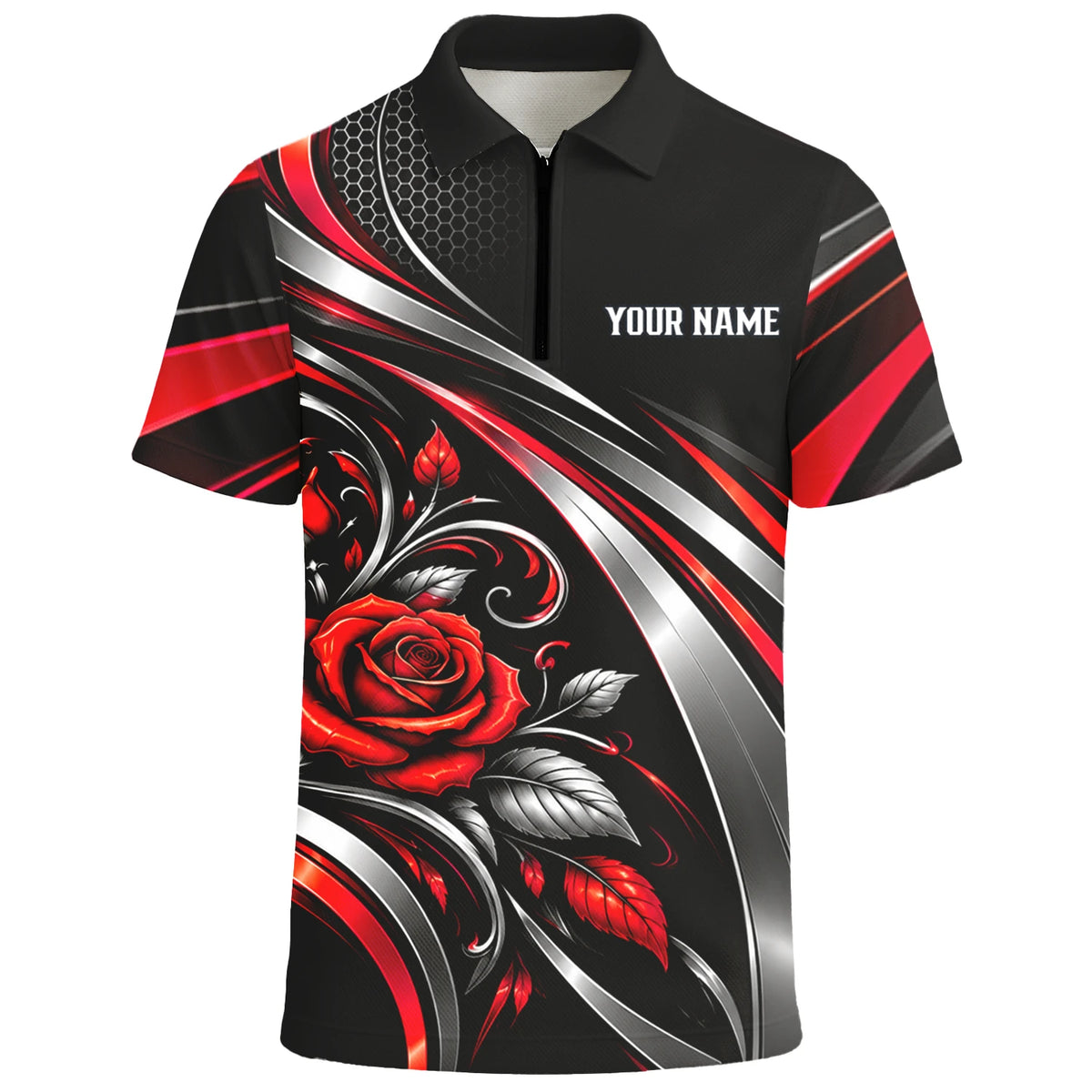 Personalisiertes Dartshirt in Schwarz, Rot und Silber mit Rosen, Flügeln und Dartscheibe für Herren Y2535