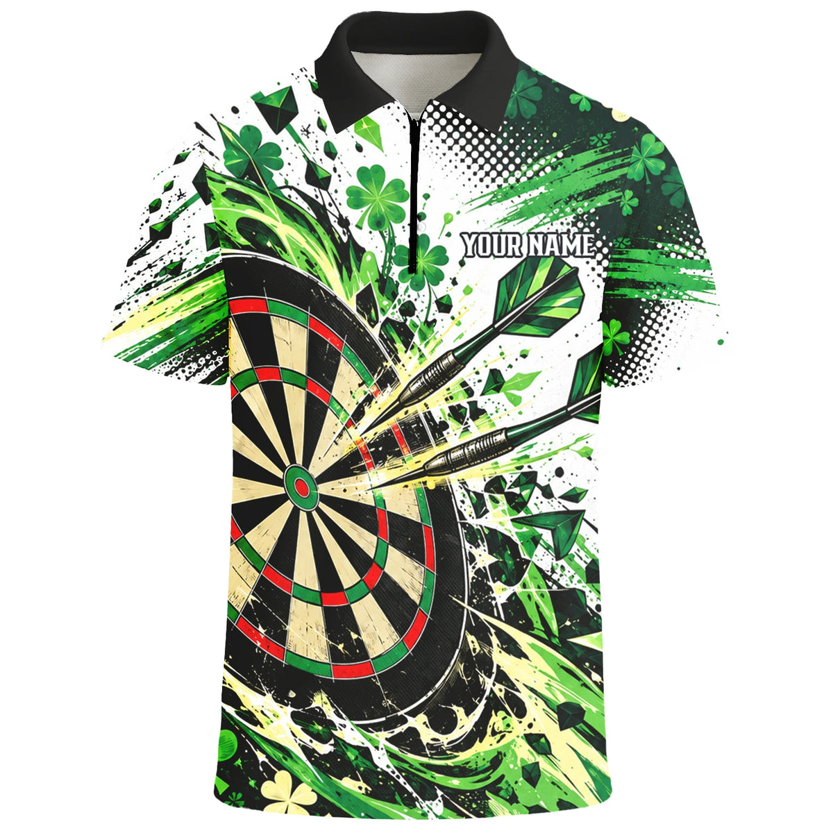 Personalisiertes Dartshirt in Grün, Schwarz und Weiß mit Kleeblättern und Dartscheibe für Herren J0950