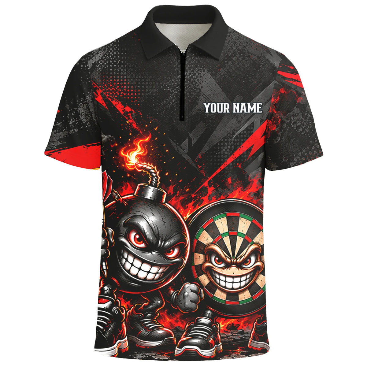 Personalisiertes Dartshirt in Schwarz und Rot mit feurigen Comic-Bomben und Dartscheibe für Herren U4656