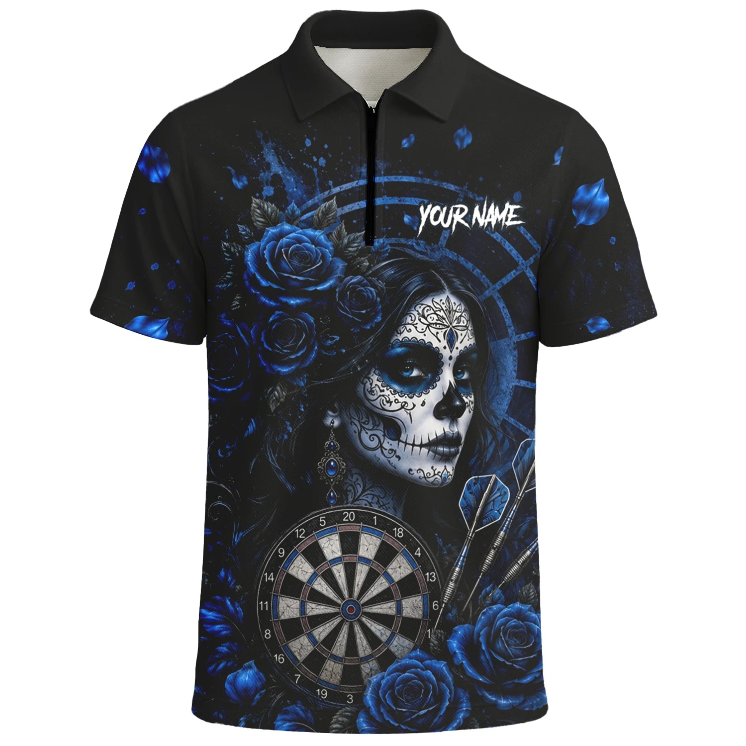 Personalisiertes Schwarz-blaues Sugar-Skull-Rosen-Dartshirt für Herren I884