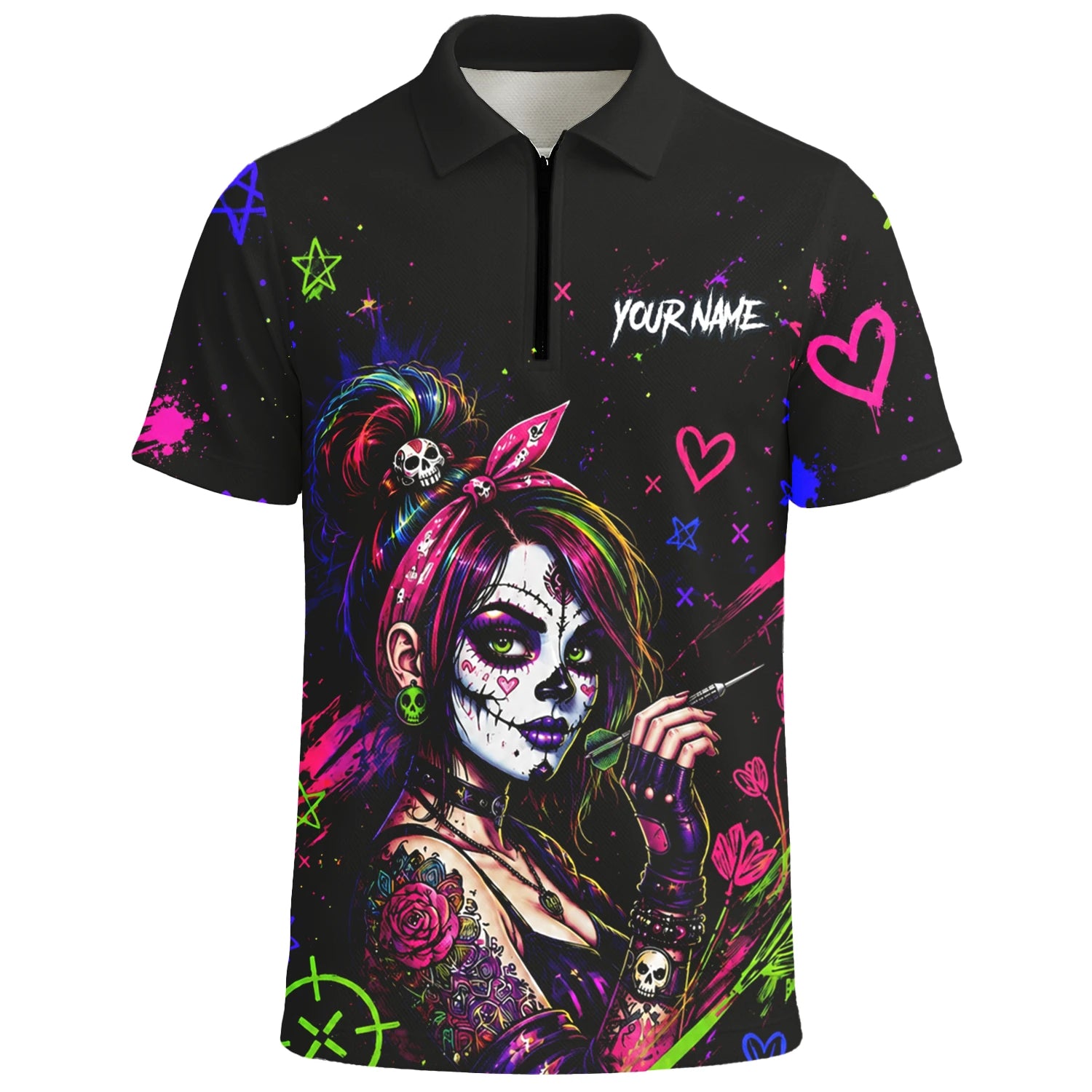 Personalisiertes Schwarz-neonfarbenes Sugar-Skull-Frauen-Dartshirt für Herren K745
