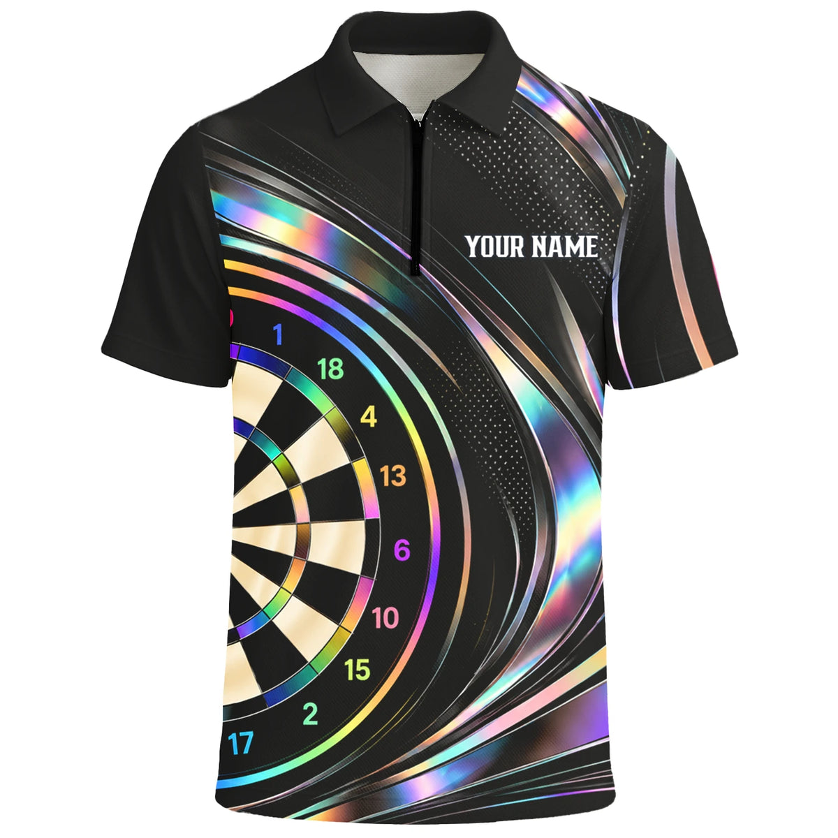 Personalisiertes Dartshirt in Schwarz mit regenbogenfarbenen Schwüngen und Dartscheibe für Herren Y5240
