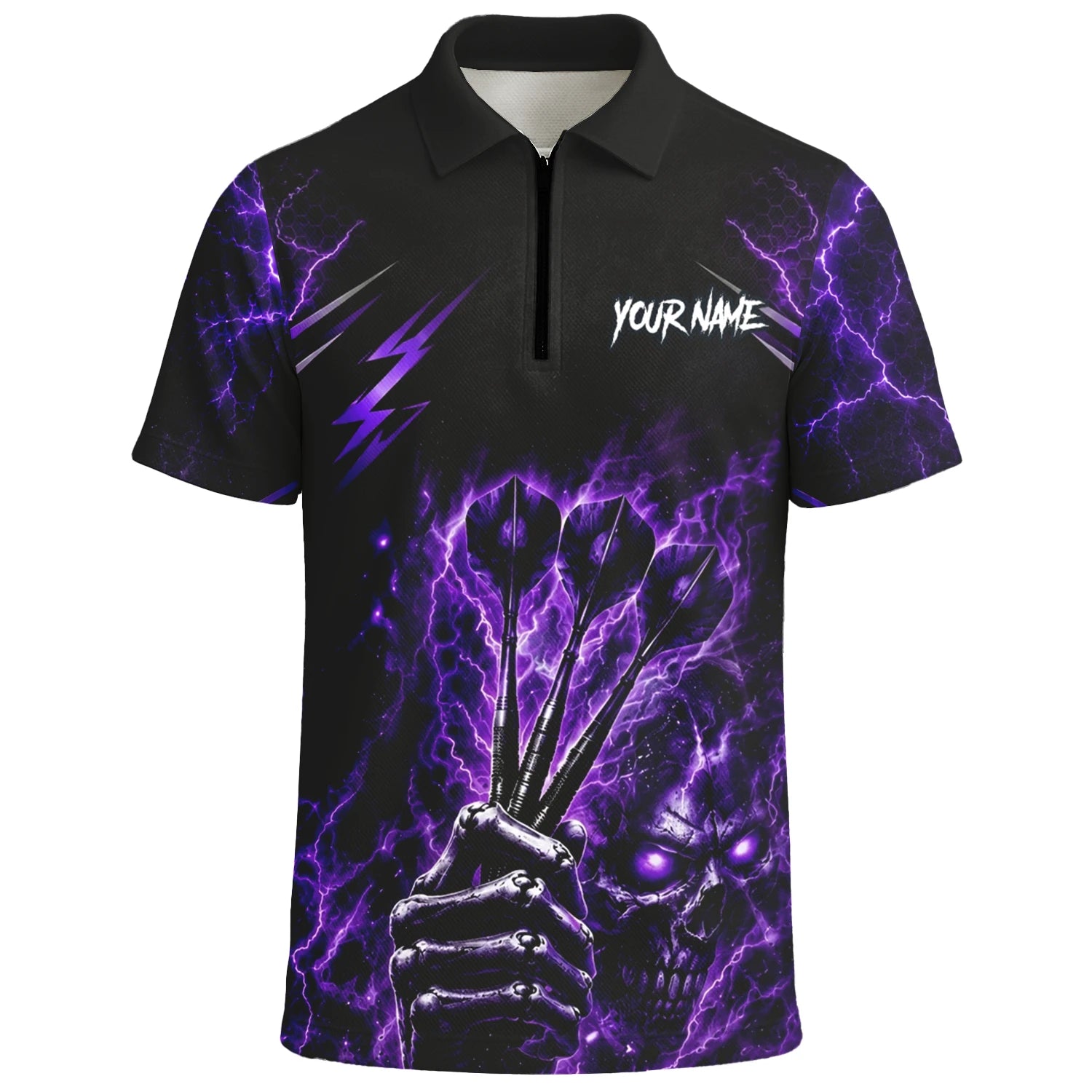 Personalisiertes Schwarz-lila Skeletthand-Dartshirt für Herren H822
