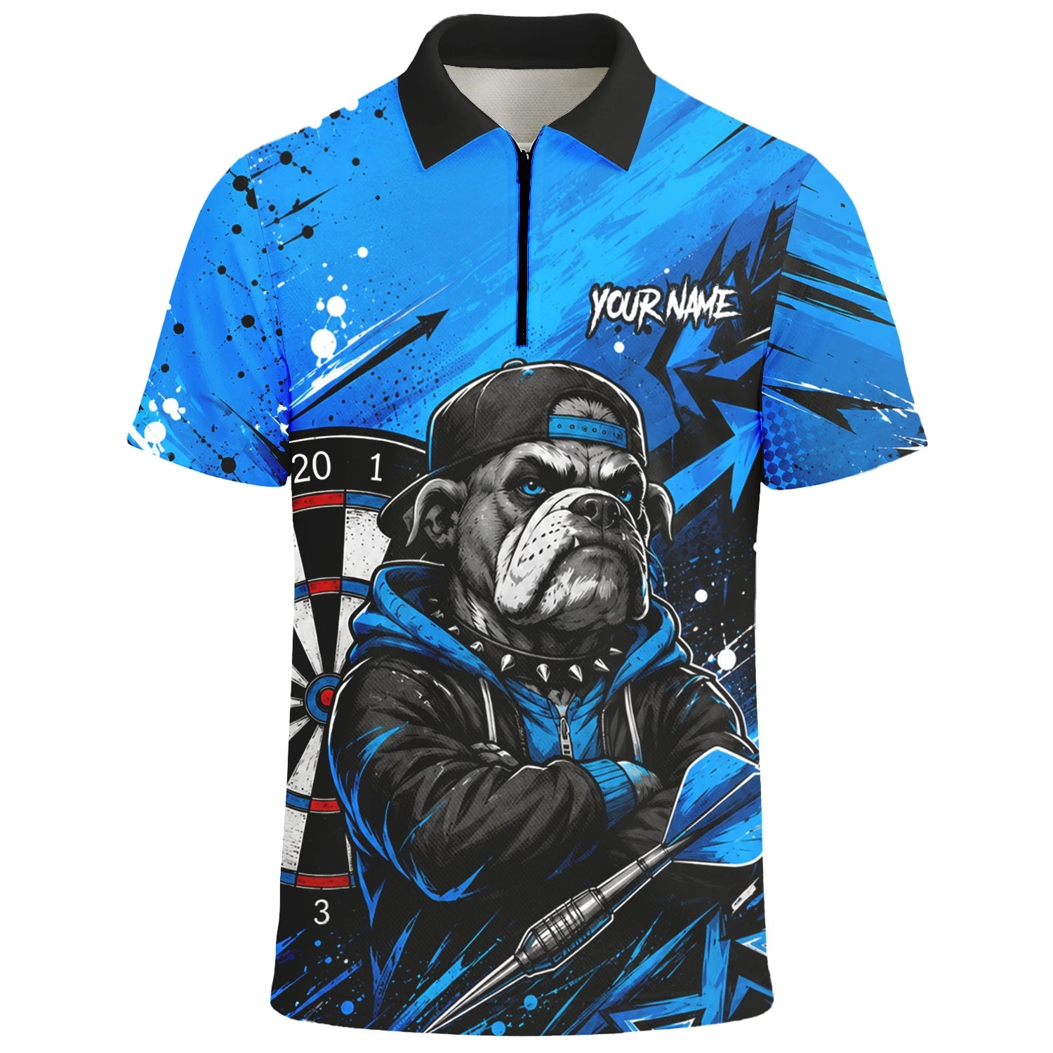 Personalisiertes Blau-schwarzes Bulldoggen-Dartshirt für Herren D529