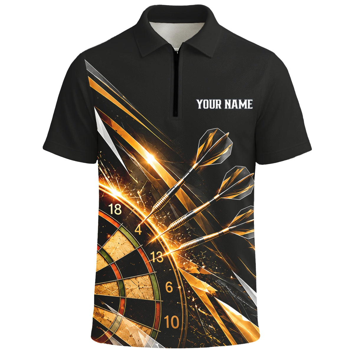 Personalisiertes Dartshirt in Schwarz, Gold und Weiß mit geometrischen Linien, Dartpfeilen, Krone und Dartscheibe für Herren V3775