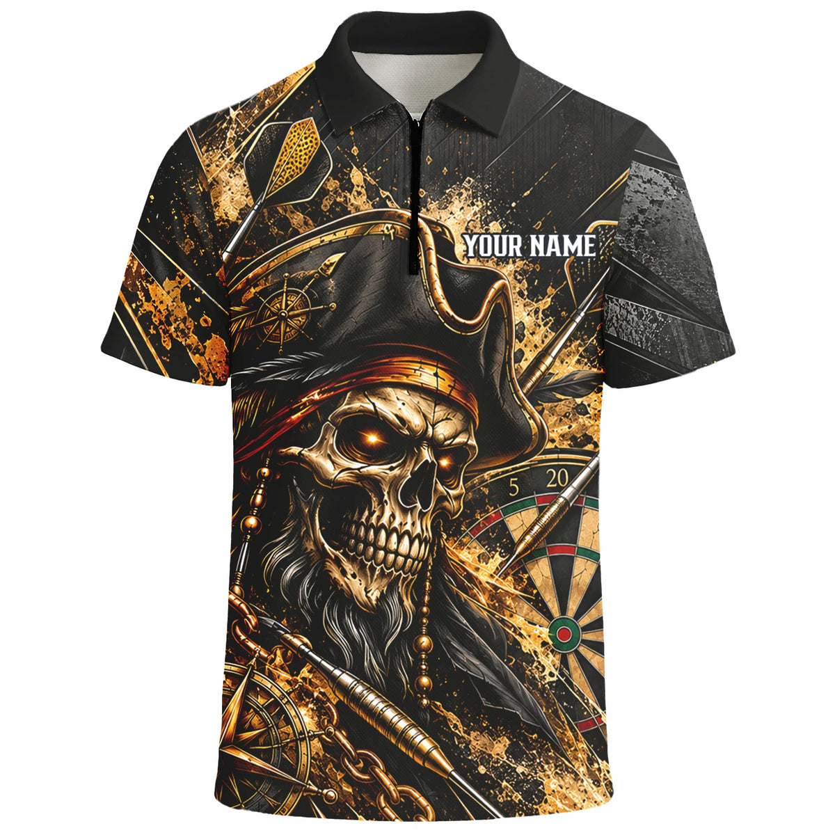 Personalisiertes Dartshirt in Schwarz und Gold mit Piraten-Totenkopf und Dartscheibe für Herren X7403