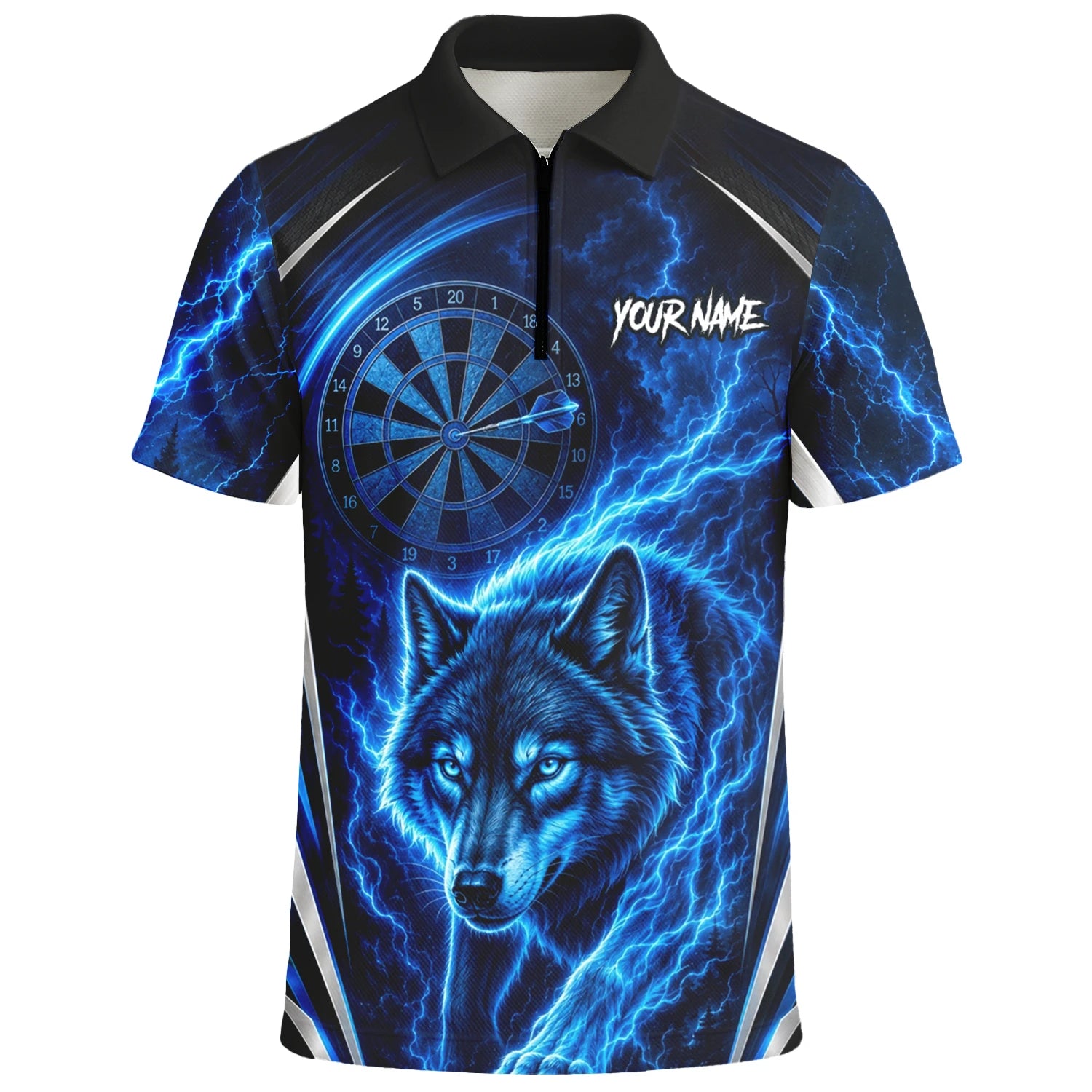 Personalisiertes Schwarz-blaues Wolf-Blitz-Dartshirt für Herren X929