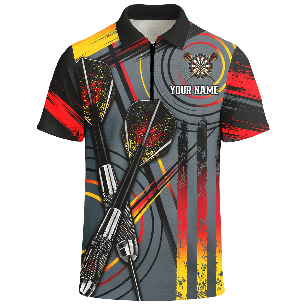 Personalisiertes Dartshirt in Grau, Schwarz, Rot und Gelb mit Dartpfeilen und Dartscheibe für Herren E2718