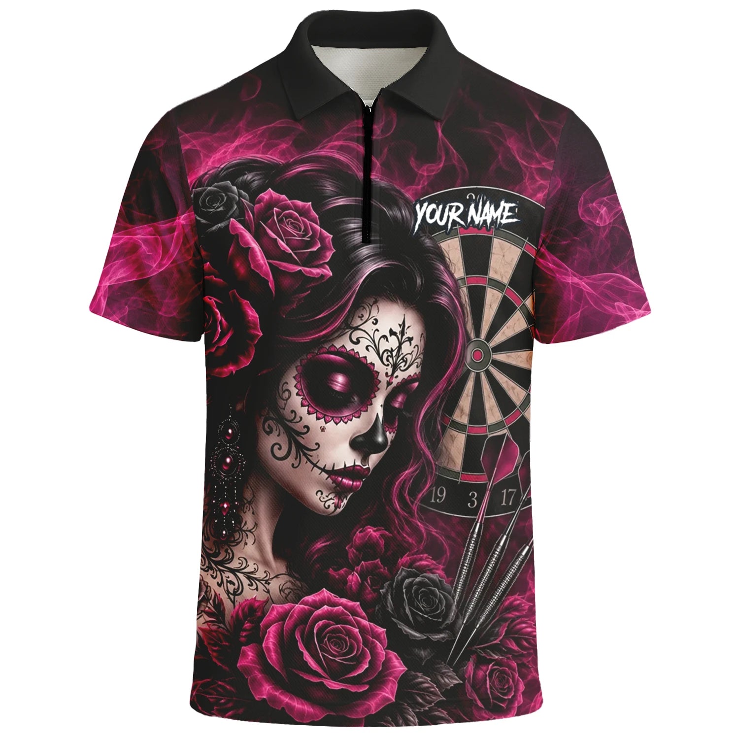 Personalisiertes Schwarz-pink Sugar-Skull-Rosen-Dartshirt für Herren Z109