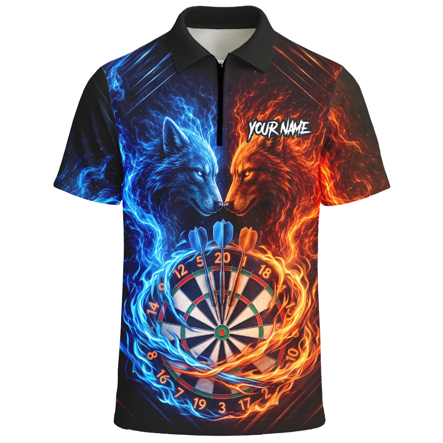 Personalisiertes Blau-oranges Wolf-Flammen-Dartboard Dartshirt für Herren A749