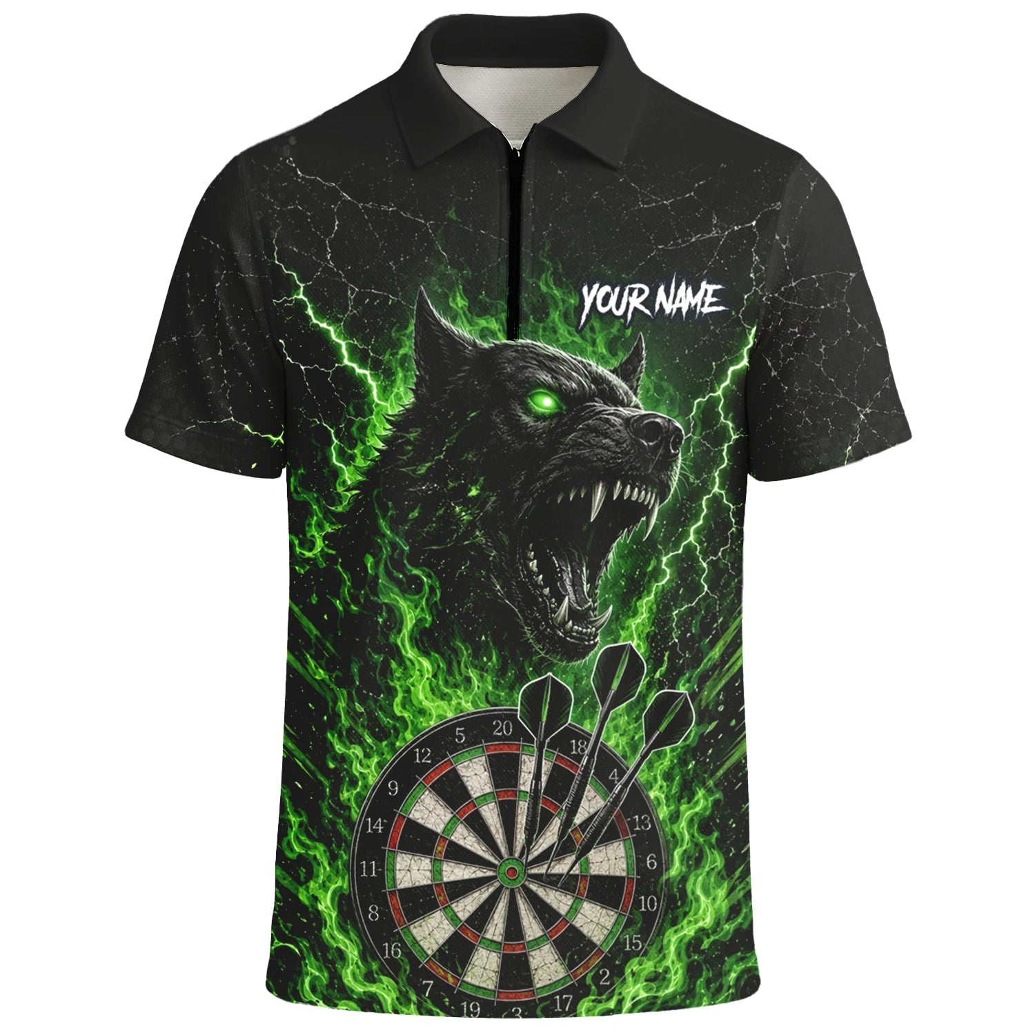 Personalisiertes Schwarz-grünes Wolf-Dartboard Dartshirt für Herren F303