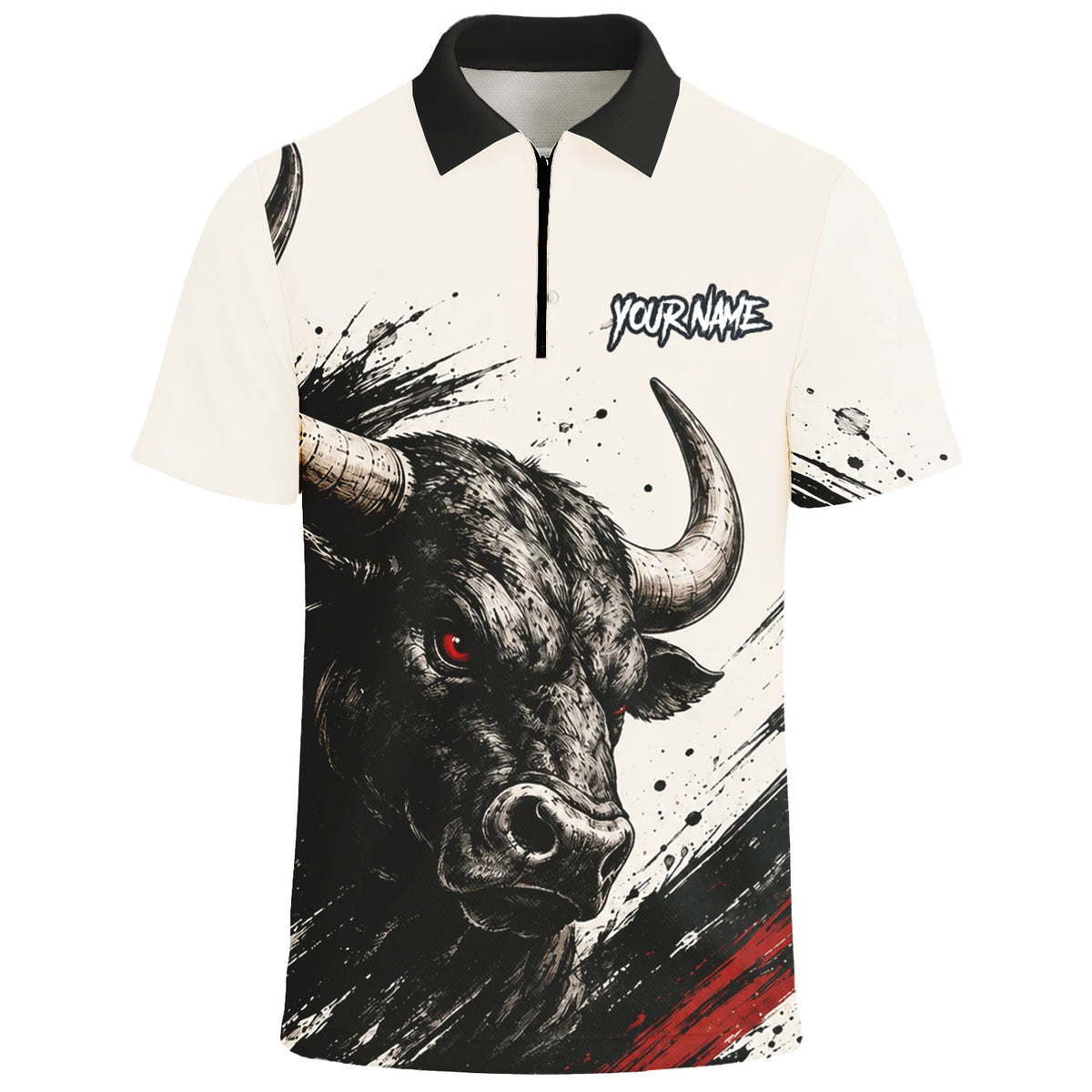 Personalisiertes Dartshirt mit weiß-schwarz-rotem Bullen für Herren H473