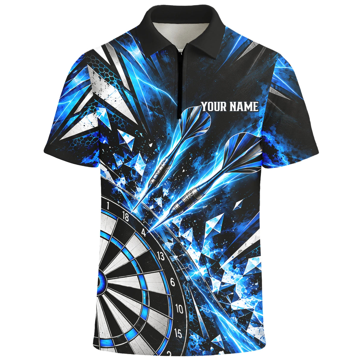 Personalisiertes Dartshirt in Schwarz, Blau und Silber mit geometrischen Splittern, Dartpfeilen und Dartscheibe für Herren N0176