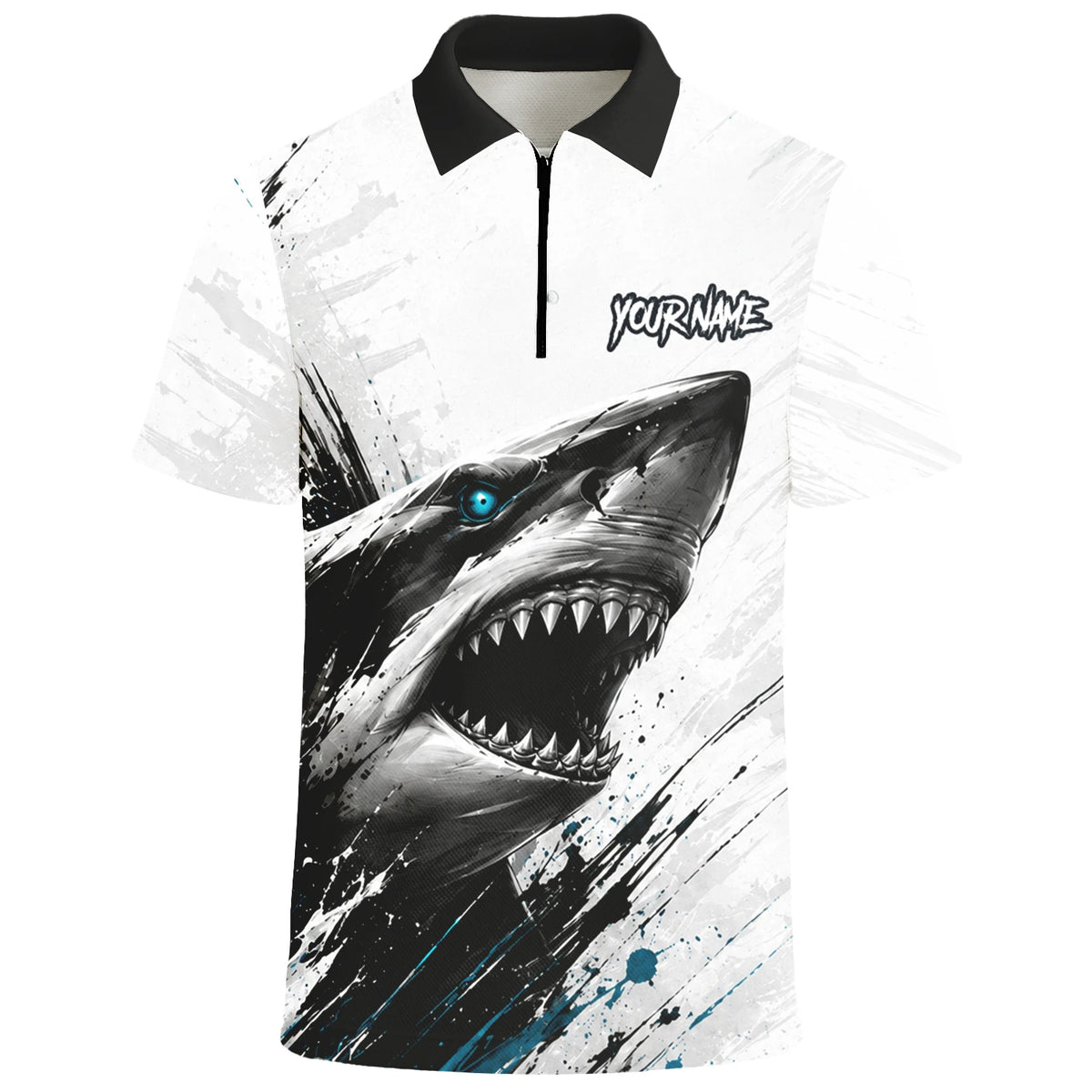 Personalisiertes Dartshirt mit weiß-schwarz-türkisem Hai für Herren D067