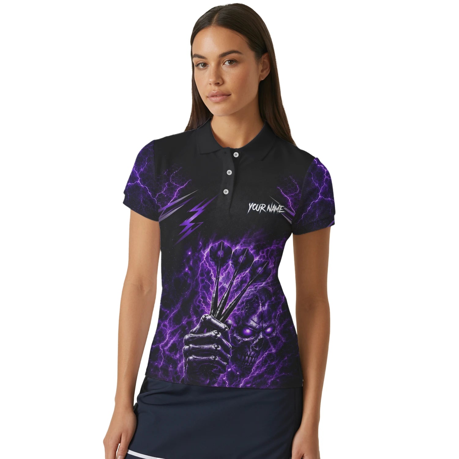 Personalisiertes Schwarz-lila Skeletthand-Dartshirt für Damen H822