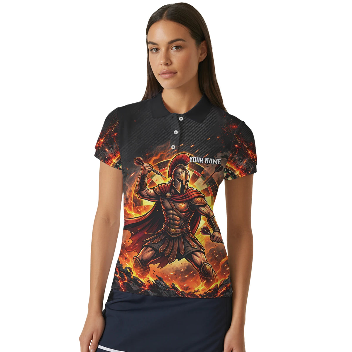 Personalisiertes Dartshirt in Schwarz, Rot und Orange mit spartanischem Krieger, Flammen und Dartscheibe für Damen X1710