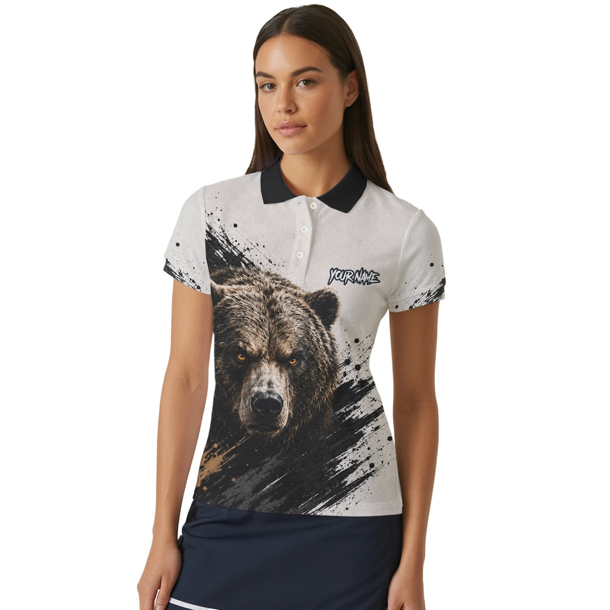 Personalisiertes Dartshirt mit weiß-schwarz-braunem Bären für Damen F926